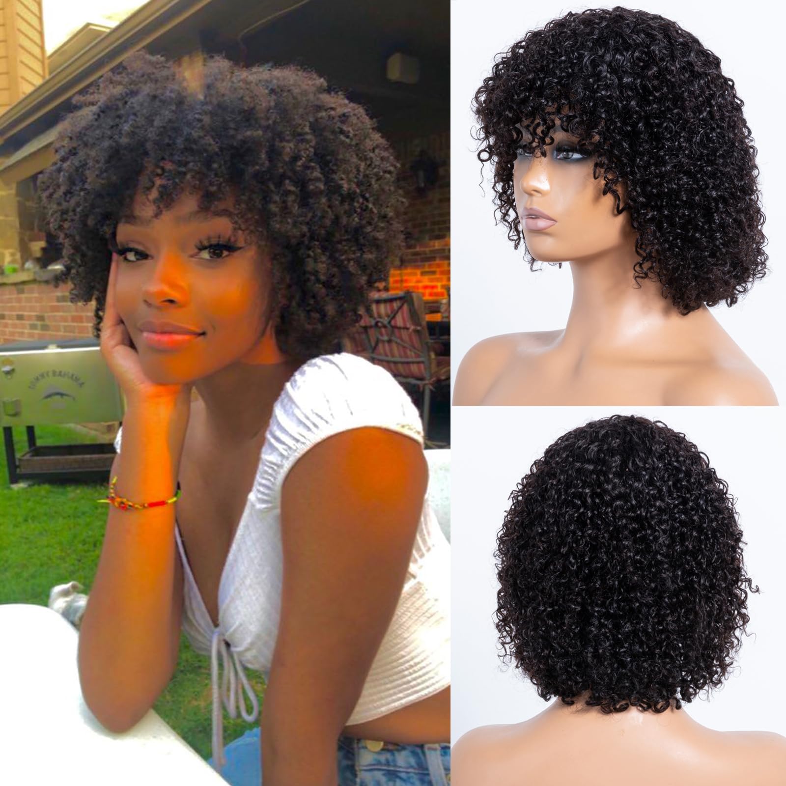 Amazon.com : LYOLKSER short curly human hair wig with bangs  display picture 1