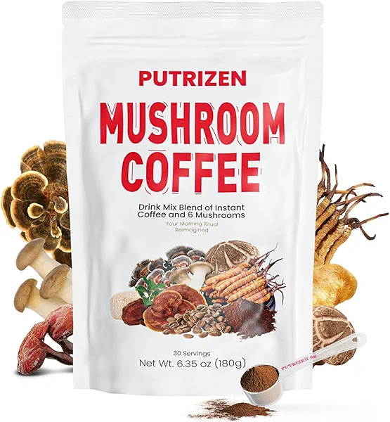 PUTRIZEN Mushroom Coffee with 6 Adaptogenic Functional Mushrooms & MCT Oil, Instant Coffee Powder with 2500mg of Mushrooms for Focus, Energy, Gut Health, Immunity & Sleep – 30 Servings