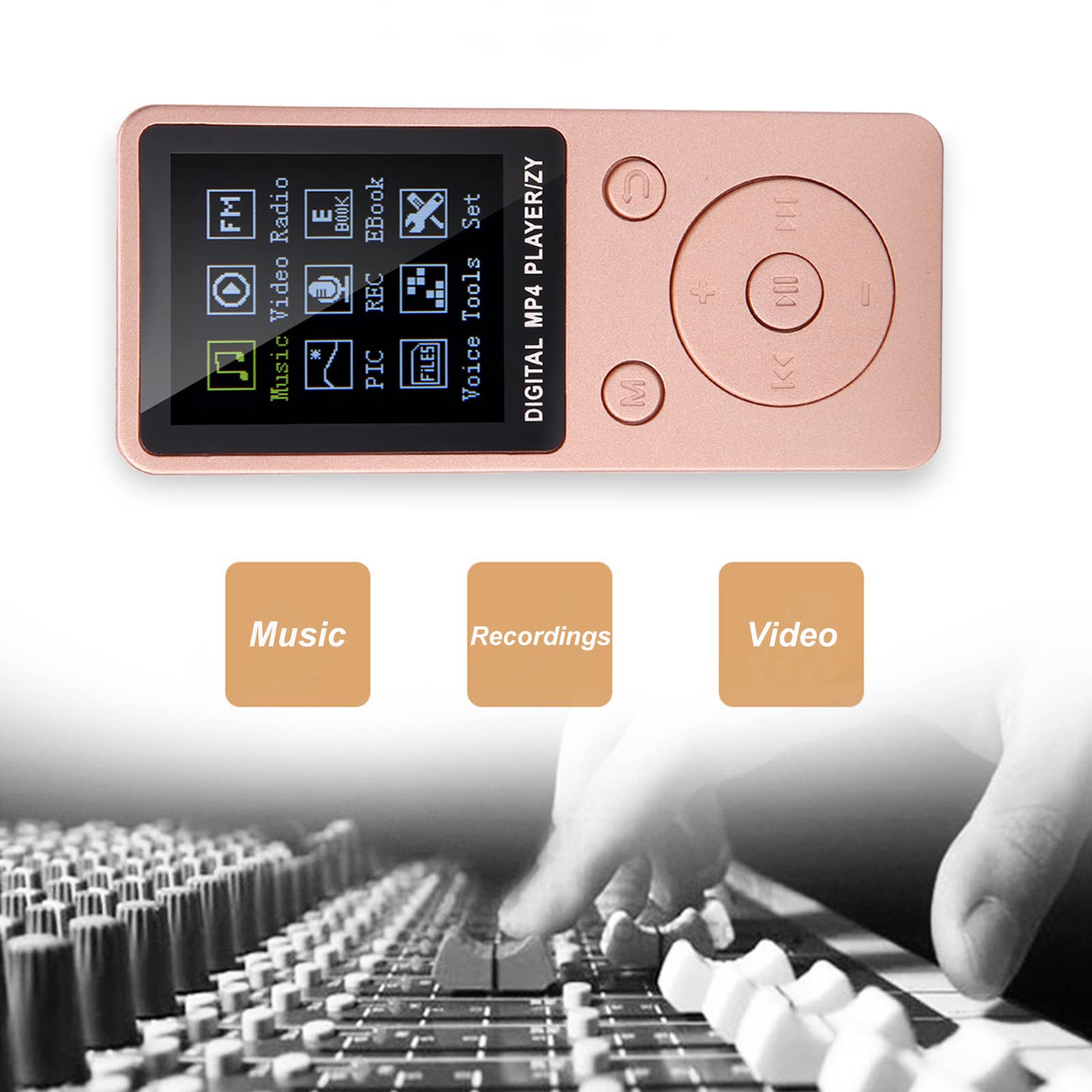 Lettore musicale MP4, registratore e lettore musicale per schermo portatile, supporto per lettore MP4 igital Scheda TF da 32 GB con cuffie Tempo di standby lungo(Oro rosa