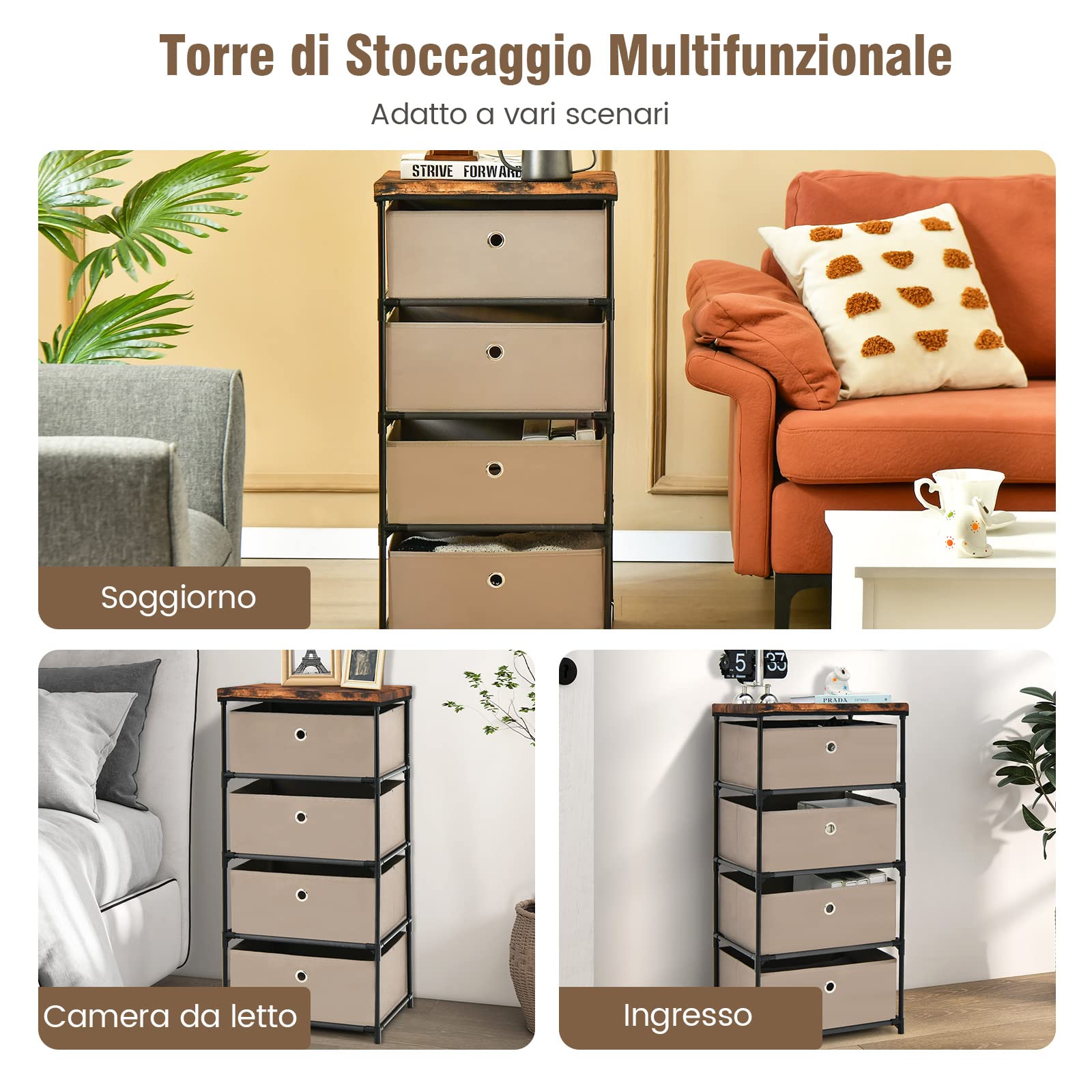 GYMAX Comò Portaoggetti, Mobile Cassettiere in Tessuto, Struttura Metallica Robusta, con Cassetti Rimovibili e Pieghevoli (Caffè, 42 x 33,5 x 84,5 cm)