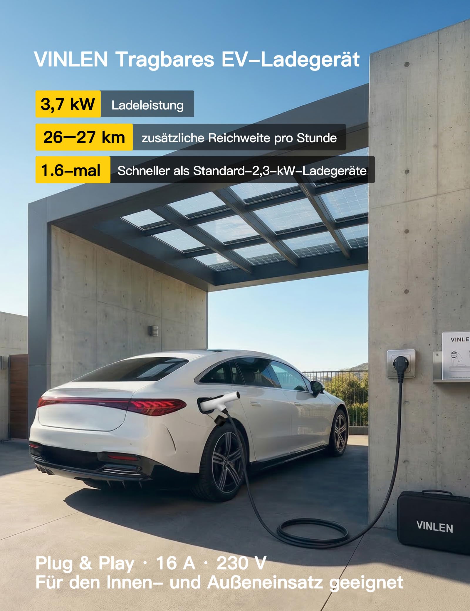 Typ 2 Ladekabel Schuko 3,68kW,10m[1-phasig,8–16A], mobiles EV Charger mit am Griff integrierter LED-Anzeige, EV Ladegerät für ID.7/ID.3/ID.4,Enyaq,Model Y/3,MG4,Q4 e-tron,iX1 und andere PHEV/EV