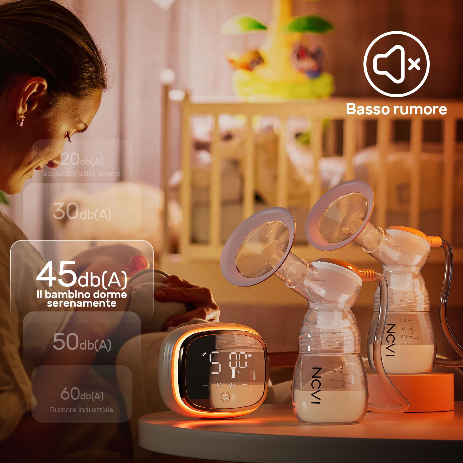 Tiralatte Elettrico, NCVI 8102 Tiralatte, Batteria Aggiornata da 4400mAh con Luce Notturna, Touchscreen, 4 Modalità e 9 Livelli, 10 Sacchetti Latte Materno, Flange da 21/24/28/32mm