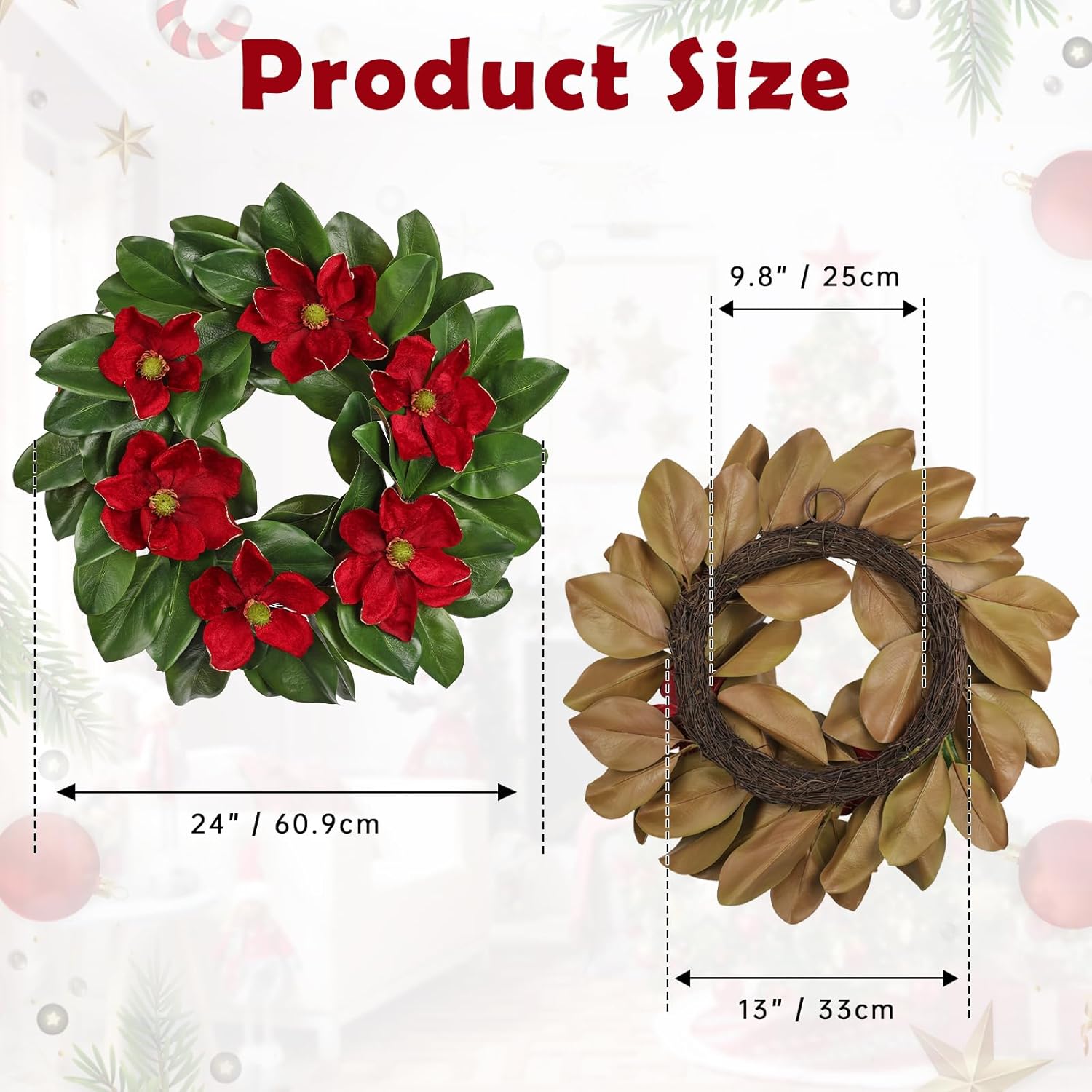 24" Artificial Wreath for Front Door Burgundy Red Magnolia Wreath Greenery for Wedding Christmas Housewarming Thanksgiving Farmhouse Mantel Door Decoration - Image 2
