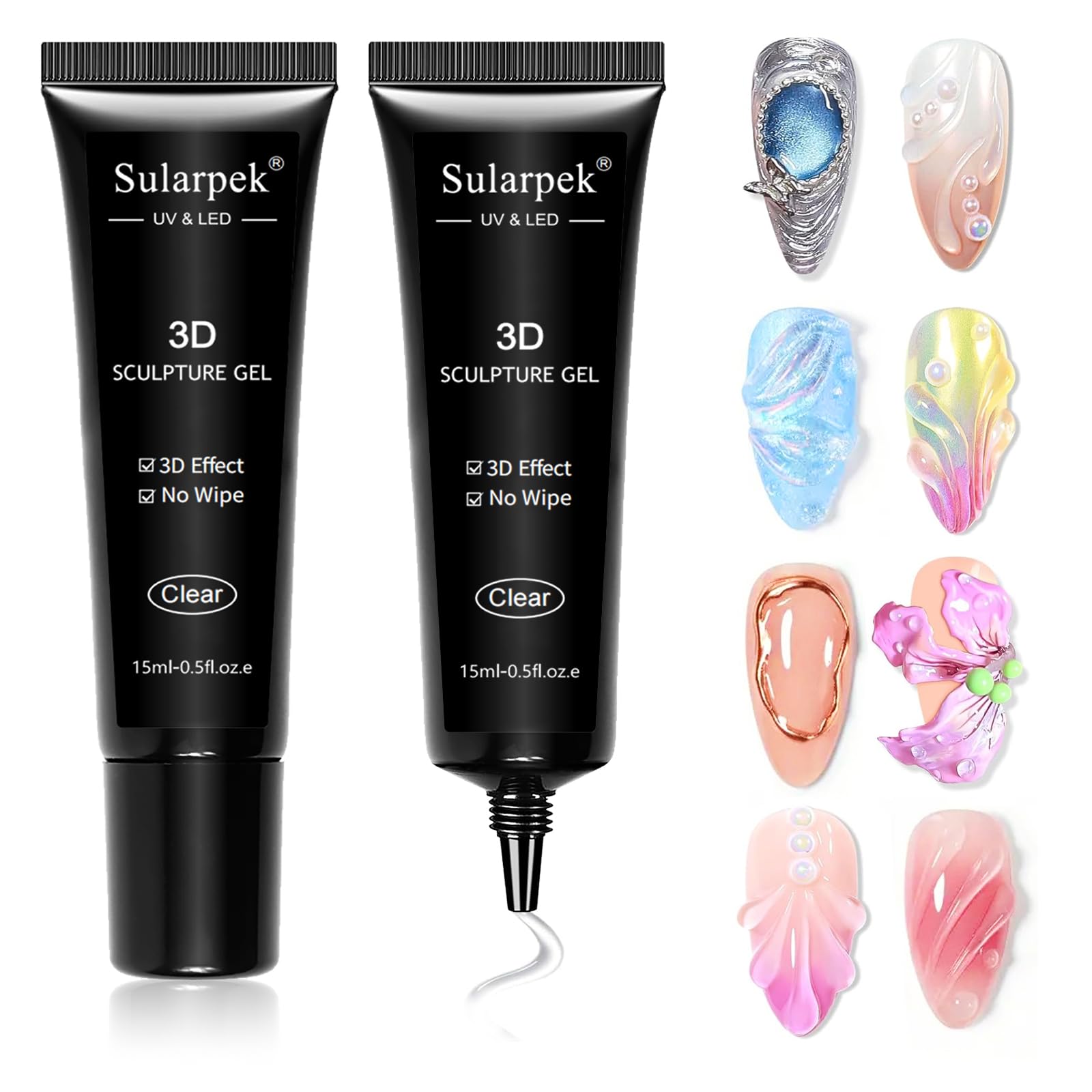 Sularpek 2 * 15ml Sculpture Gel 3D Carving Gels, Non Wipe Clear Sculpting, 5D Embossed Candy Molding Gel Nail Decoration