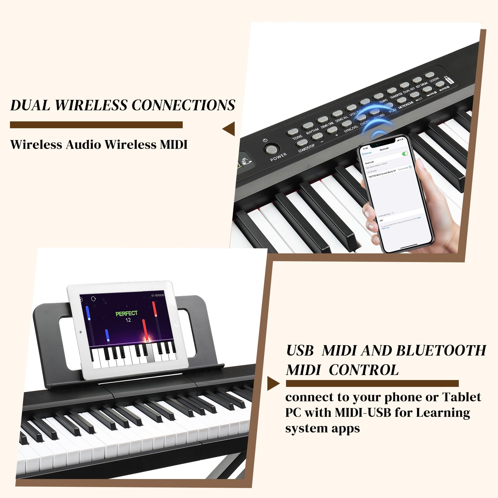 Bonnlo GPP-101 88-Tasten Digitalpiano mit Semi-Gewichteten Tasten, Bluetooth (Audio & MIDI), 150 Demo-Songs, 1000 Rhythmen & Klangfarben, Sustain Pedal, Kopfhörer, LED Display und USB-MIDI, Schwarz