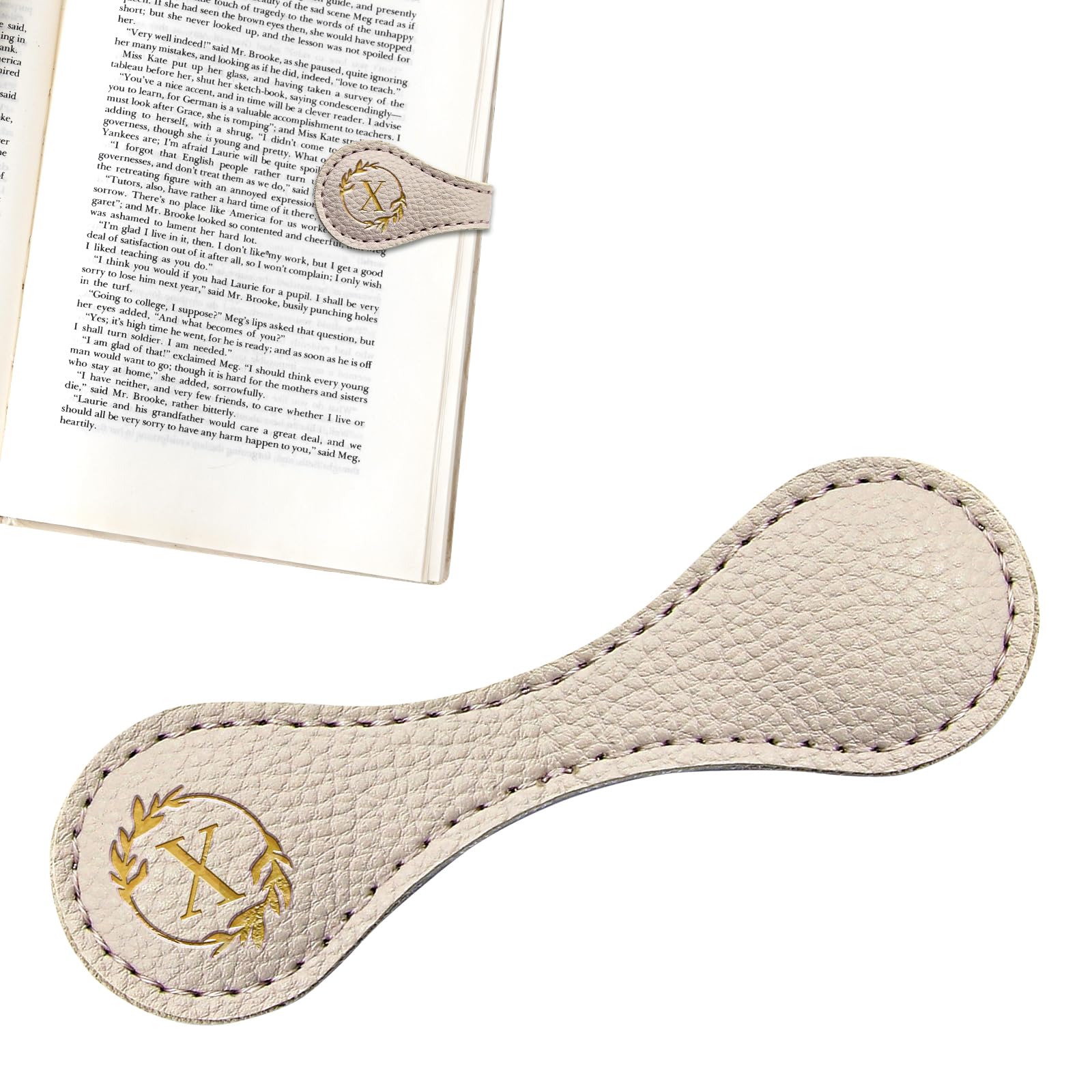 Estivaux Leather Magnetic Bookmarks for Women Men, Capital Letters Bookmark Monogram Book Marker Clip with Gold Initials Beige White Leather Bookmark