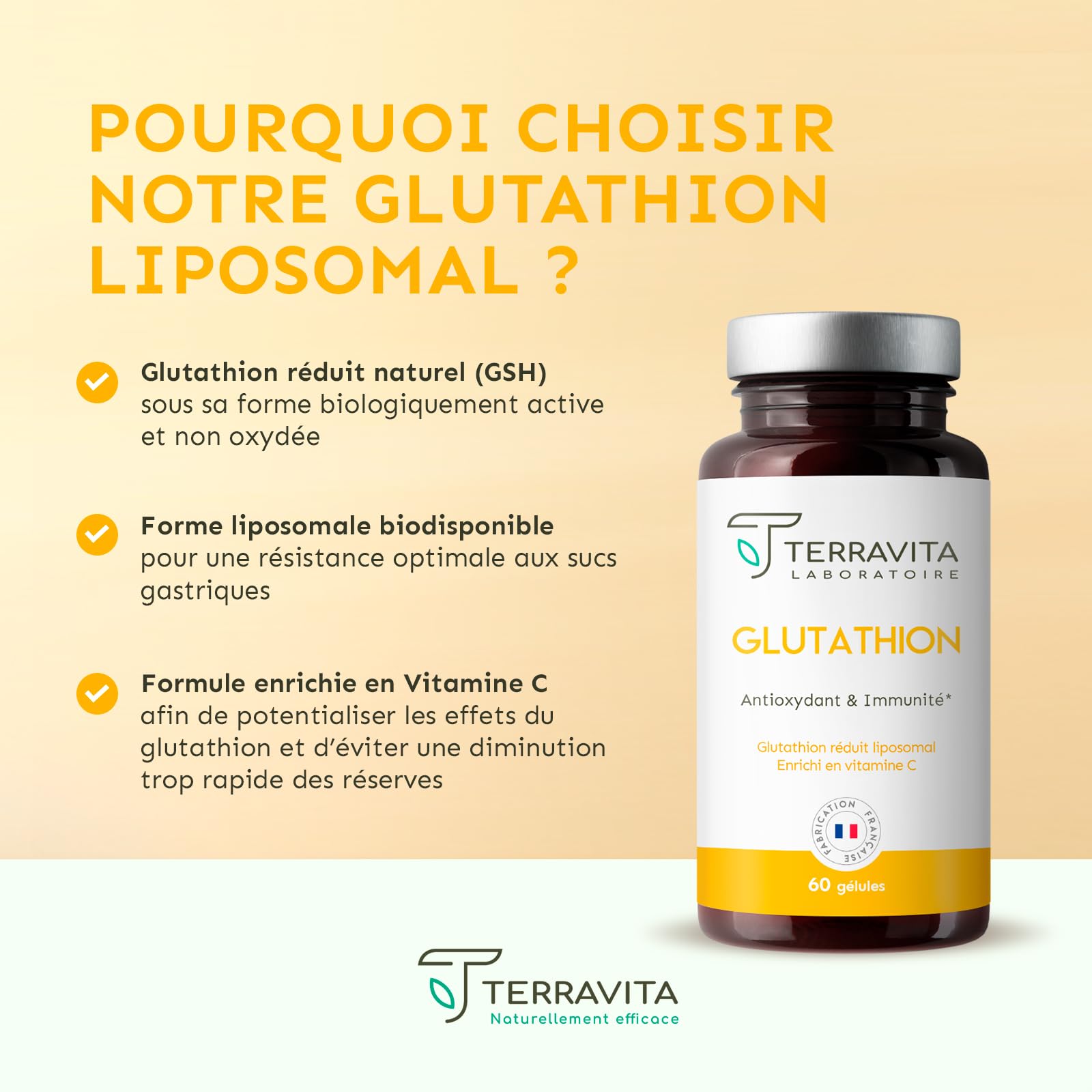 Glutathion Liposomal | Forme Réduite GSH avec Vit C | Active, Stable et Biodisponible | Antioxydant Puissant + Anti-âge + Immunité + Detox | 60 Gélules Vegan | Made in France