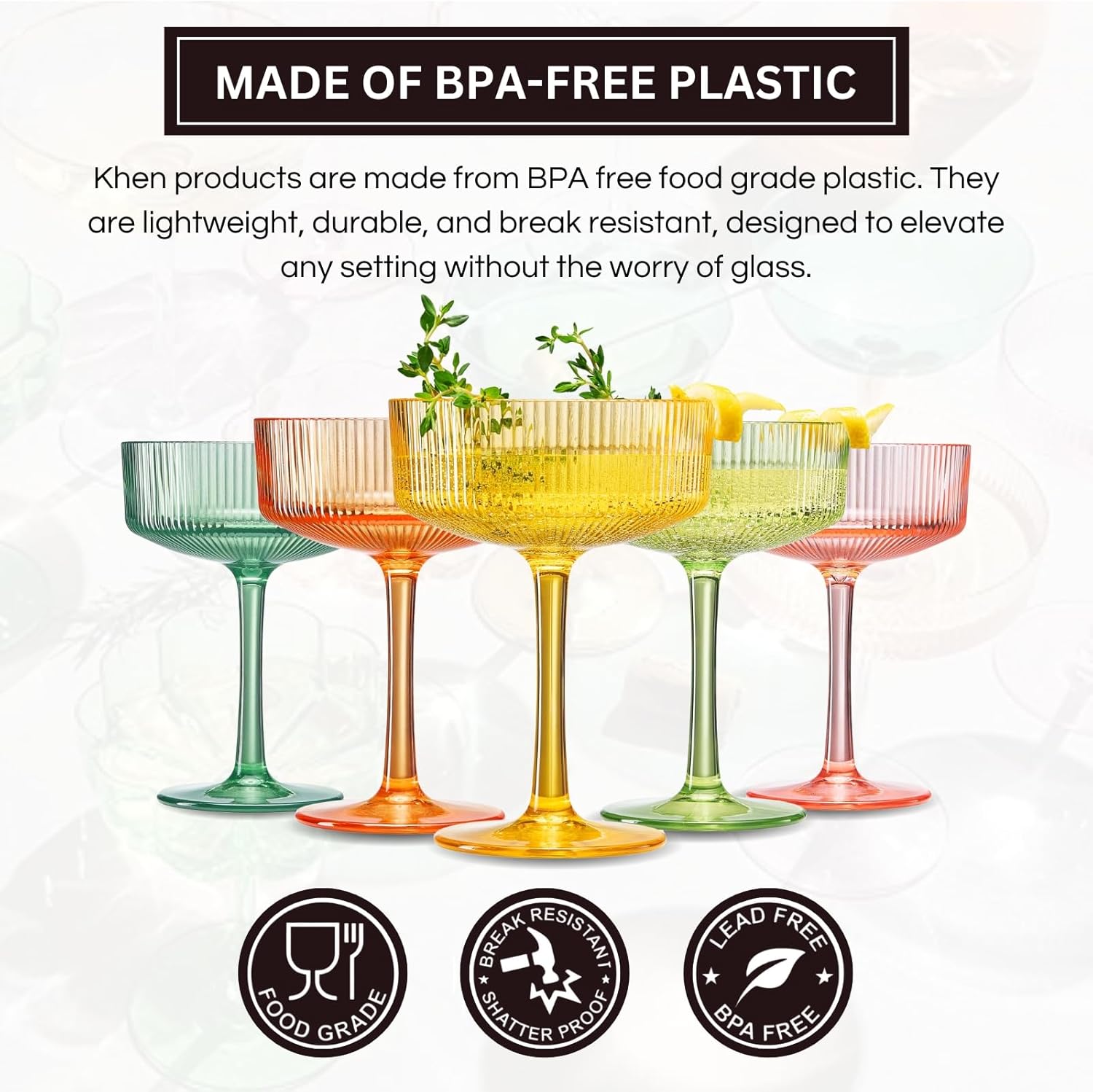 Khen Shatterproof Acrylic Ribbed Vintage Art Deco Martini, Champagne & Cocktail Bright Pastels Color Plastic Coupe Glasses | Set of 5 | 8 oz Ripple Classic Cocktail Indoor & Outdoor, European Style - Image 3