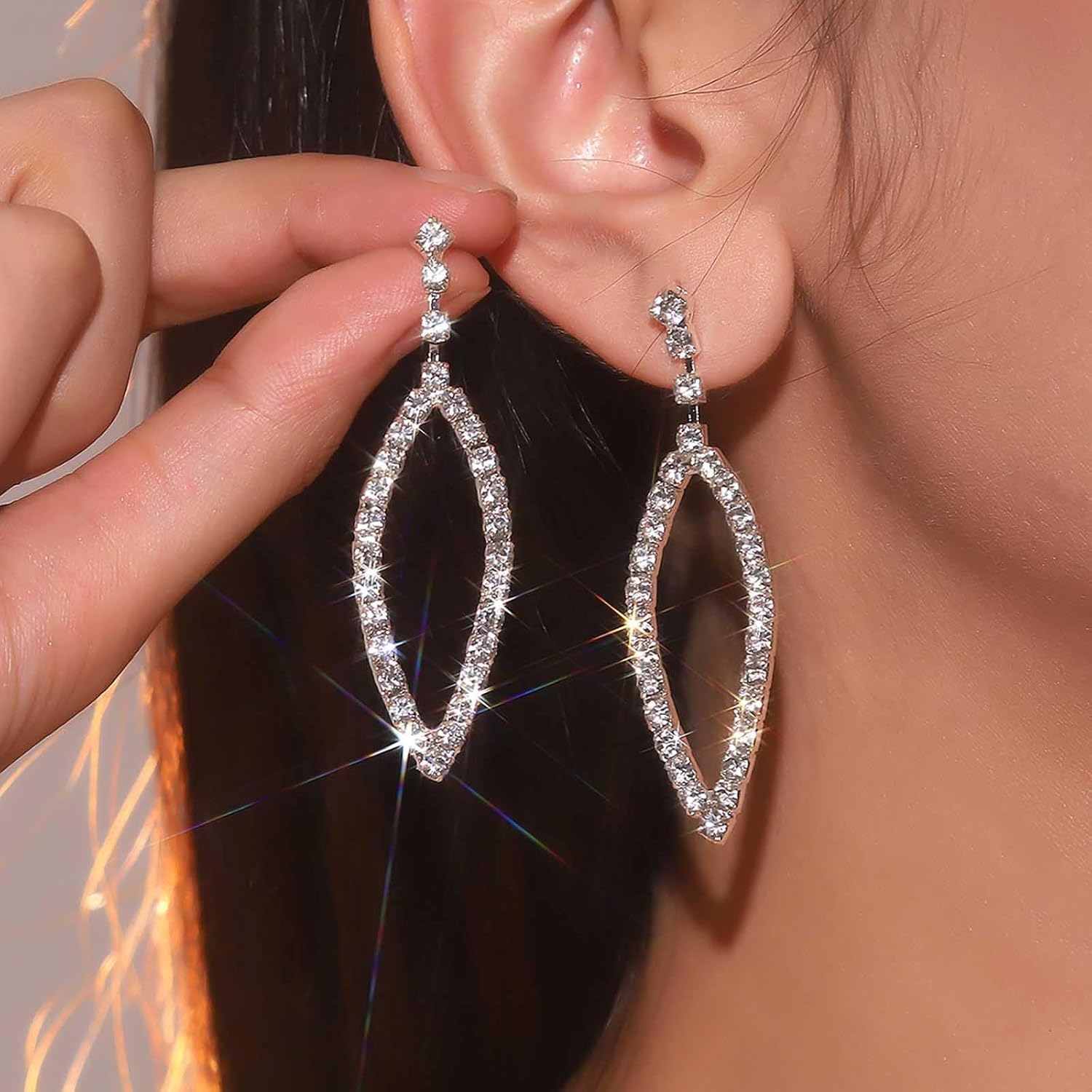 Bohemian Crystal Oval Dangle Earrings Silver Hollow Cz Oval Drop Earrings Big Crystal Geometric Stud Earrings Long Rhinestone Oval Earrings Jewelry for Women Gifts - Image 2