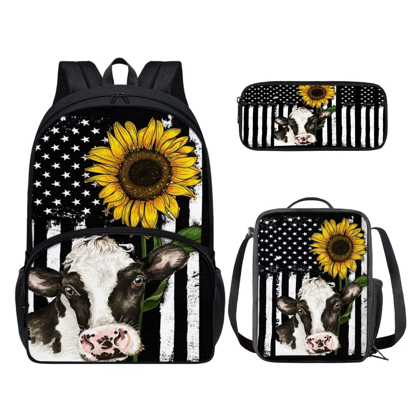 POLERO Juego de 3 bolsas escolares con impresión 3D para el almuerzo, estuche para lápices, Bandera de Estados Unidos girasol vaca, Talla única, Mochila infantil