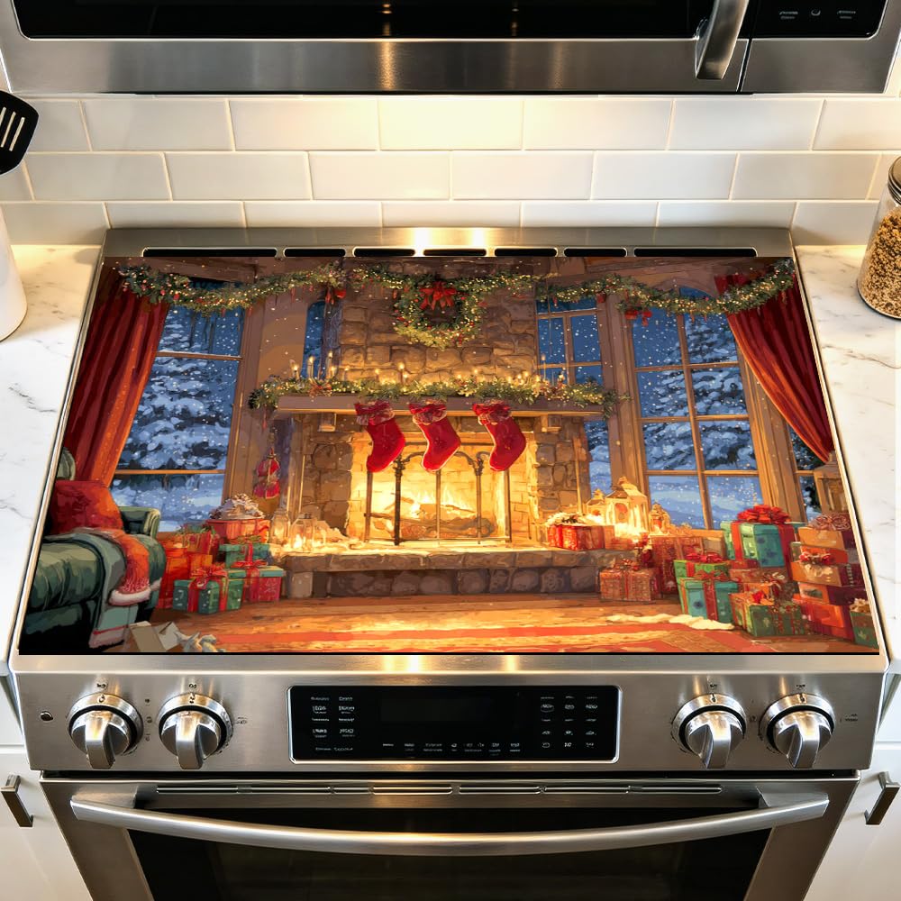 Christmas Fireplace Stocking Scene Stove Top Cover 28.35x20.47in