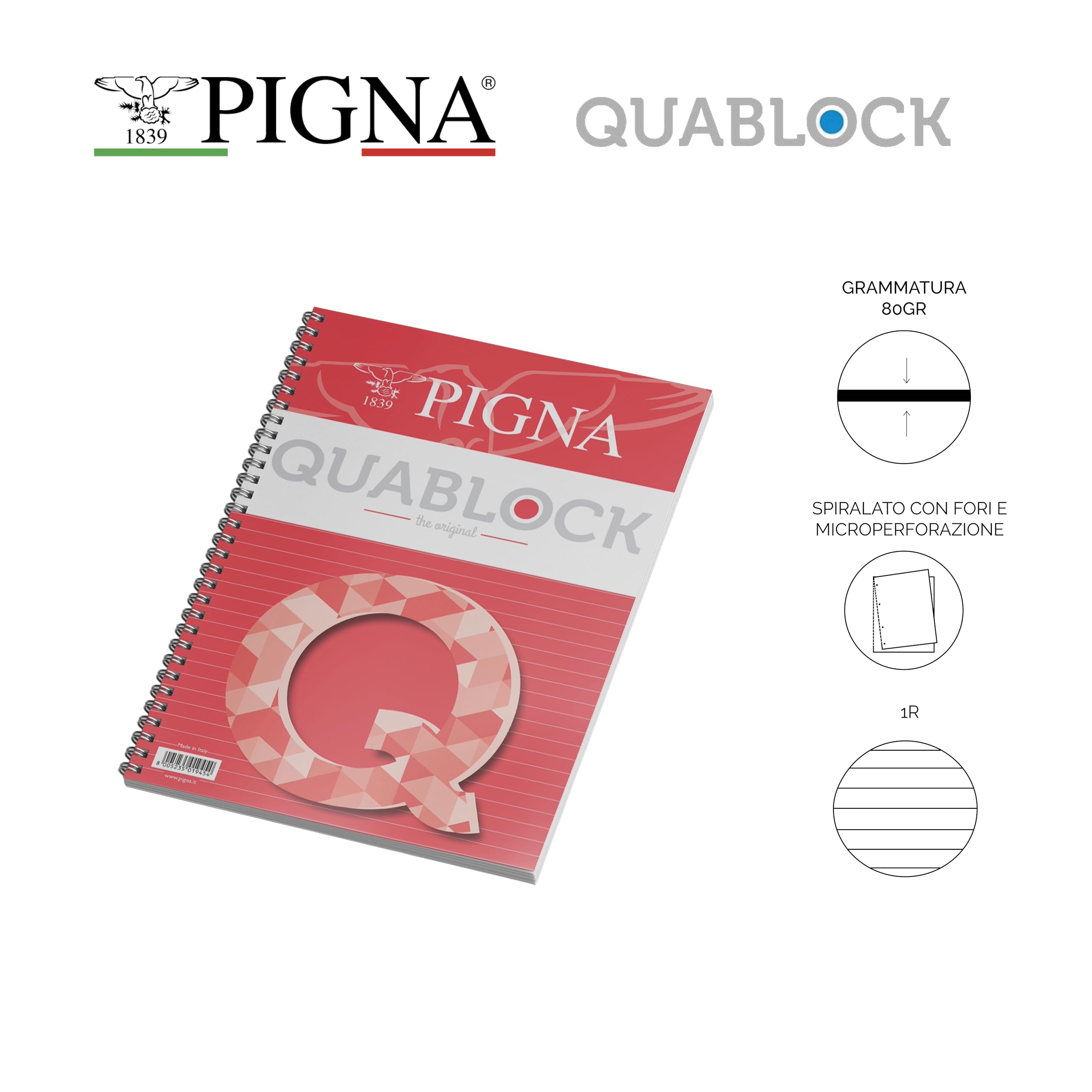 Pigna, Cuaderno espiral QUABLOCK Maxi, papel 80 g/m², 120 hojas con agujeros y miroperforación, tamaño A4, 22x29,5 cm, 5M interior, 5 mm cuadrado, 5