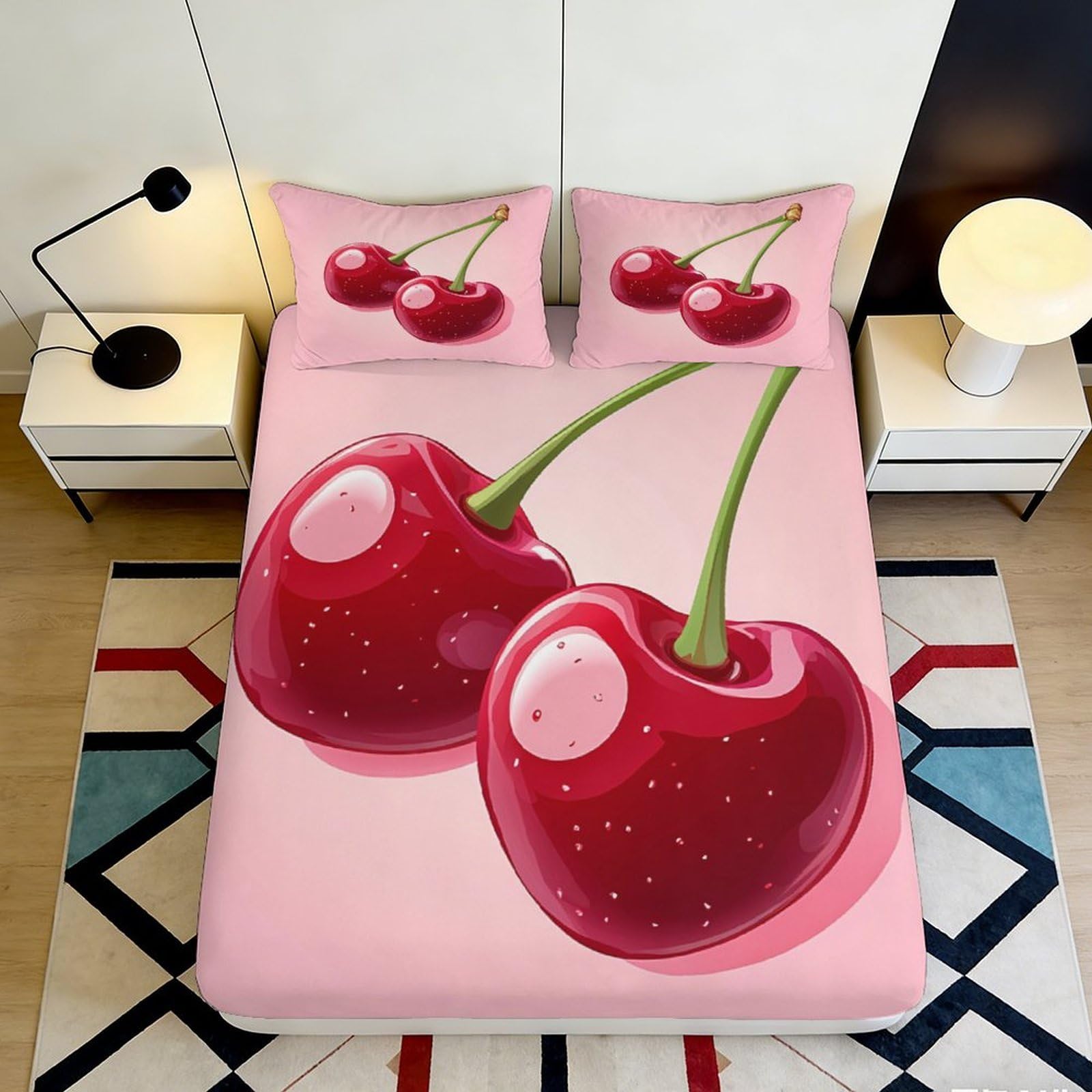 3D Printed Cherry Fruit Fitted Sheet Microfiber Pink Bed Cover for Adults Teens Bedroom Dorm Mattress Protection 90x200x25cm