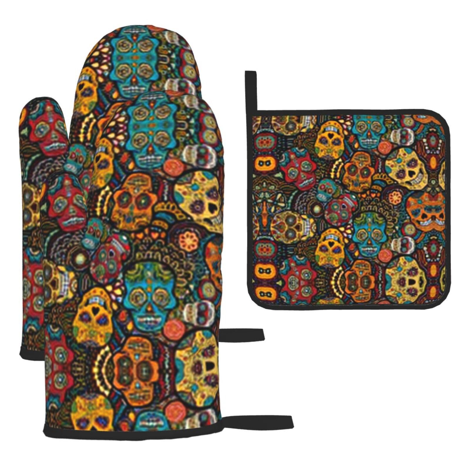 Sugar Skull 3 Piece Kitchen Oven Mitt Set Heat Resistant Gloves with Pot Holder Mat Polyester Printed for Cooking Baking BBQ Grill