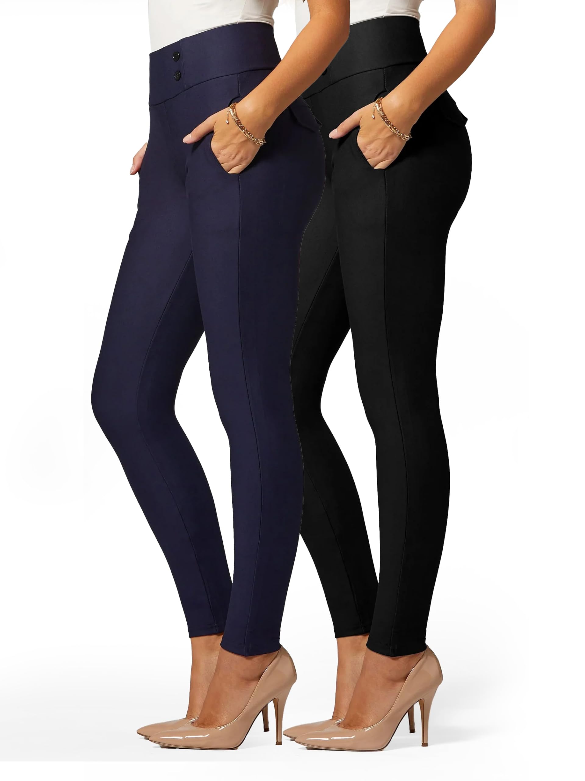 Conceited 2-Pack Stretch Slacks for Women - Wear to Work - Slim Leg Dress Pants with Pockets -