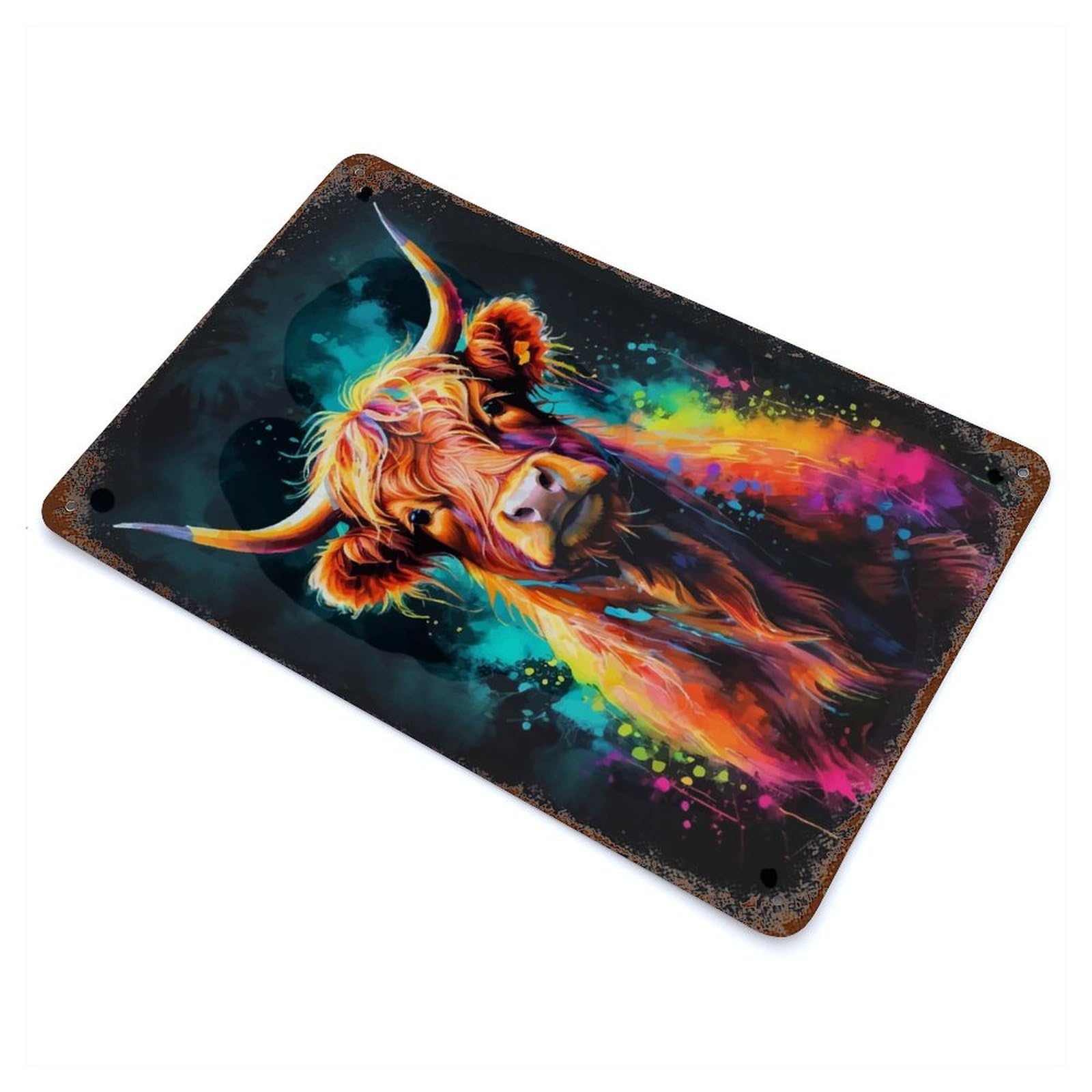 Decorative Tin Sign Colorful Highland Cow Neon 11.8"x7.9", Novelty Wall Decor for Shed, Workshop And Garage Wall Decor