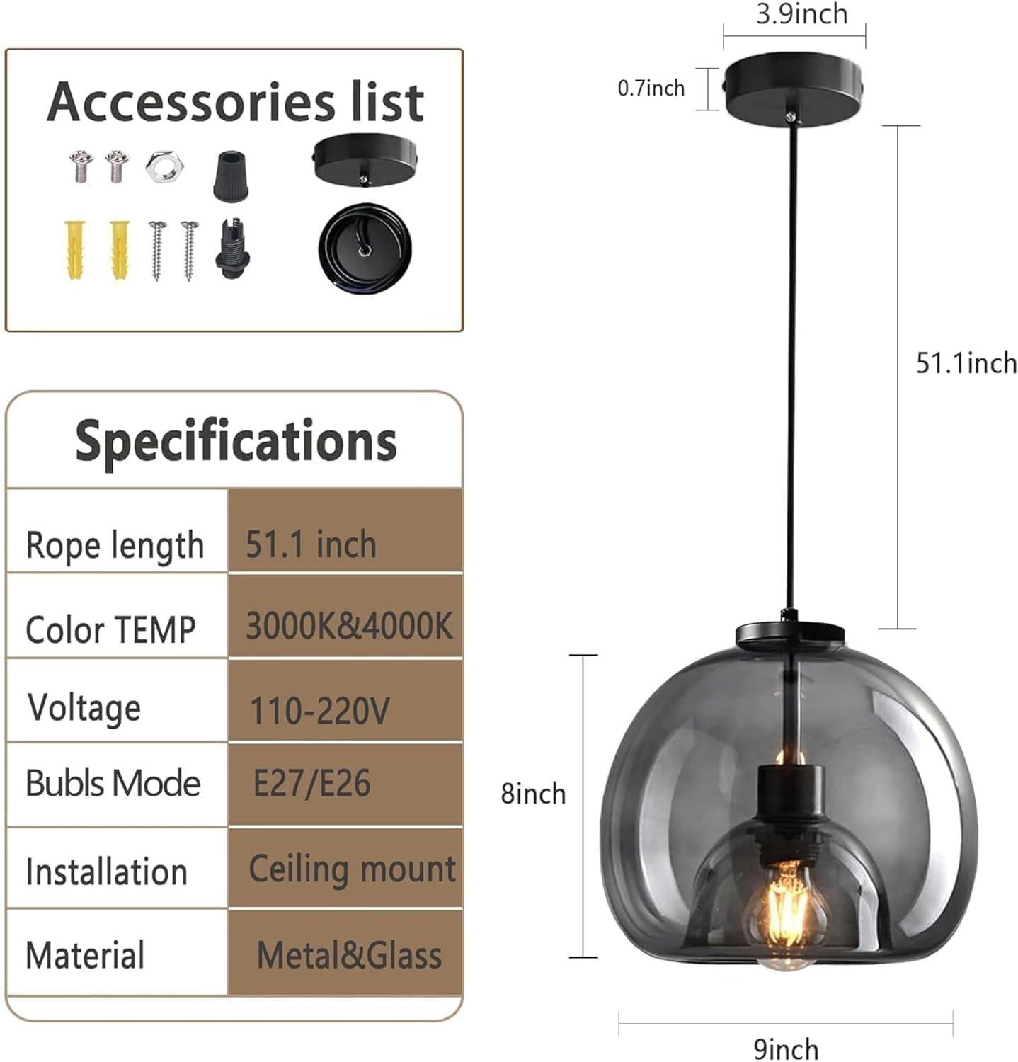 9.1in Large Smoke Glass Pendant Light for Kitchen Island, 2-Pack with Extra LED Bulbs & 4.92ft Adjustable Cord | Modern Minimalist Lighting for Dining Room, Living Room, Entryway