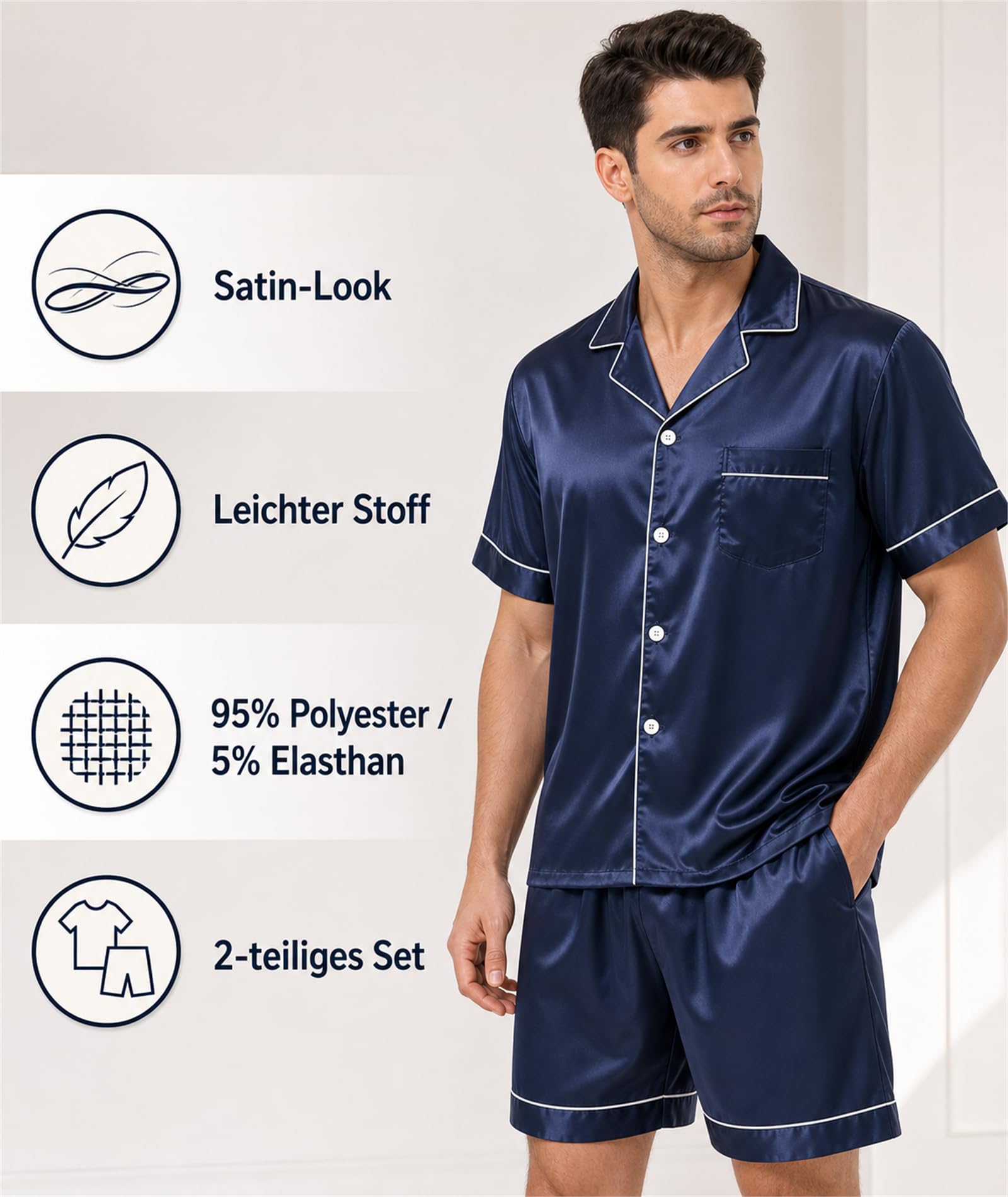 Ensemble pyjama en soie pour homme à manches courtes – Pyjama en satin, respirant et élastique, ensemble de pyjama deux pièces pour dormir et à la maison
