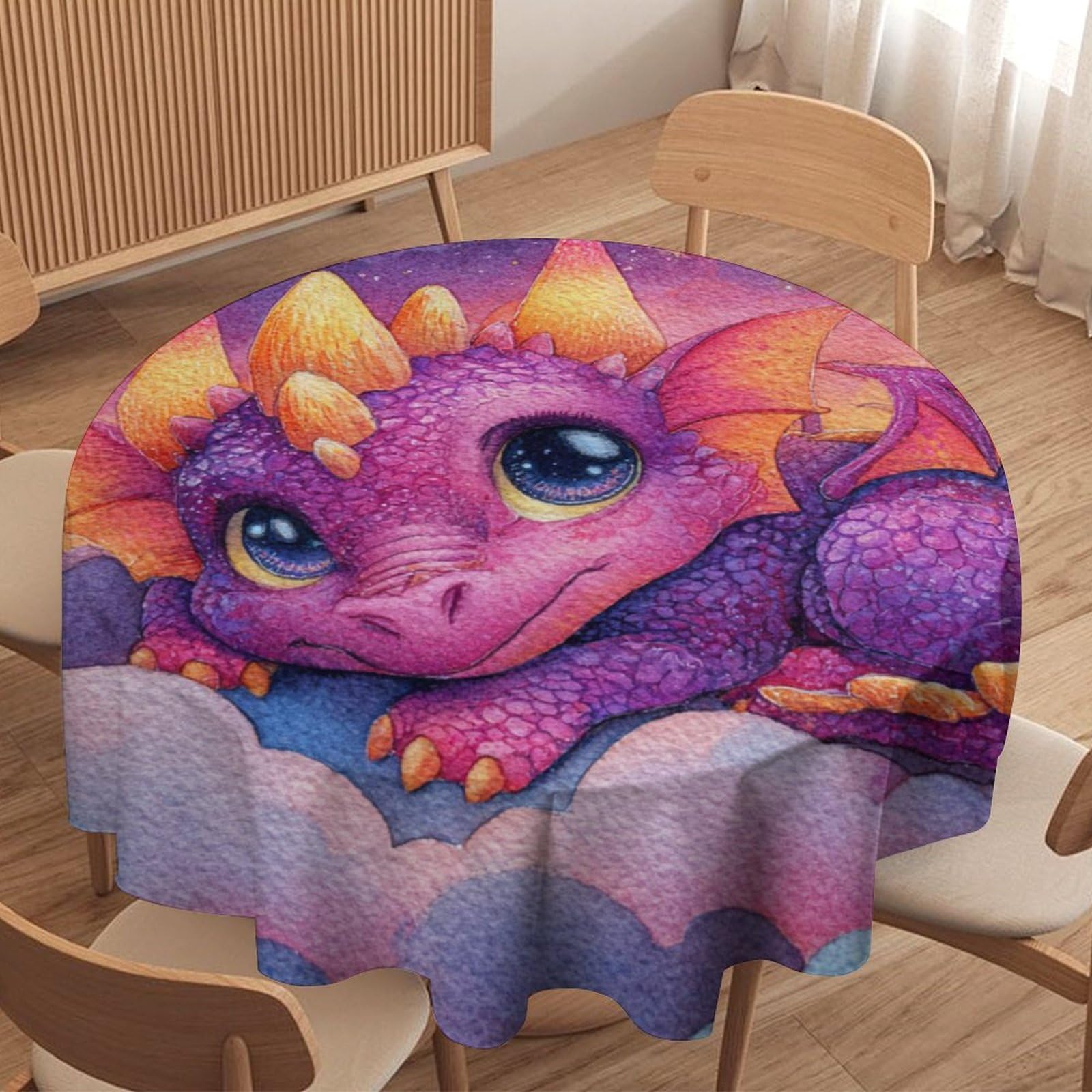 LUYYSKY Fantasy Funny Cute Dragons Round Tablecloth Classic Oil Painting Galaxy Starry Sky Fantasy Animals Dragons Pattern Washable Decor for Table Cover for Kitchen-91.4" Wx91.4 L cm