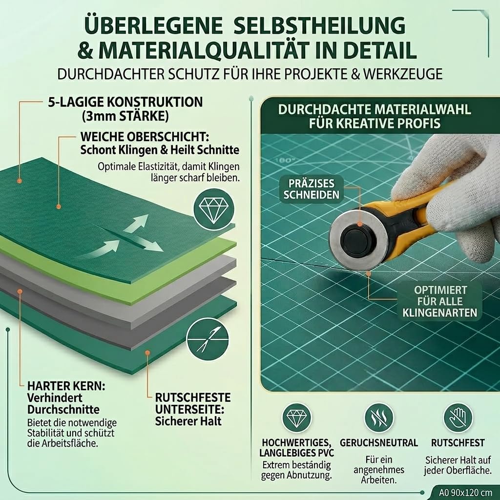 Schneidematte A0 Grün, 5-Lagige Selbstheilende, Bastelunterlage Schnittfest