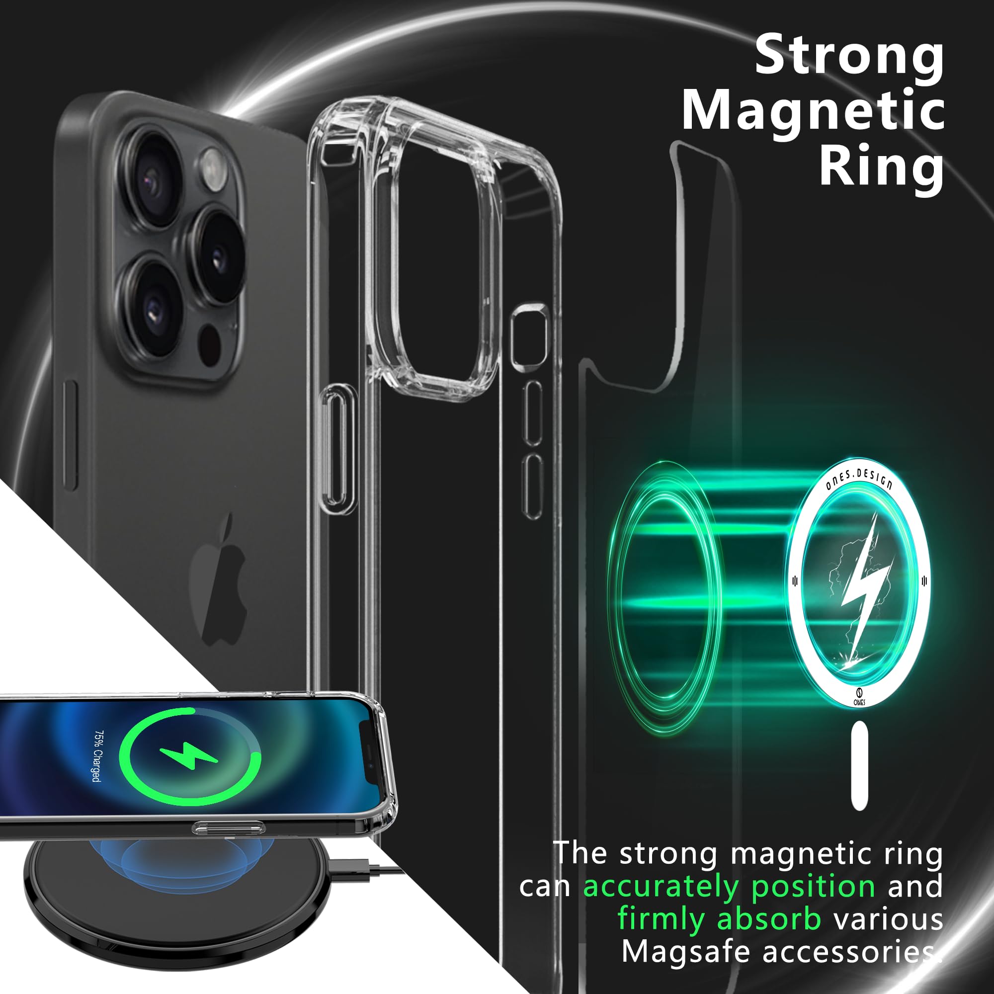 Ones Cover magnetica rigida ibrida compatibile con iPhone 12 Pro Max Custodia MagSafe, protezione di livello militare, airbag antiurto, ricarica wireless Qi, copertura silicone antigiallo,trasparente