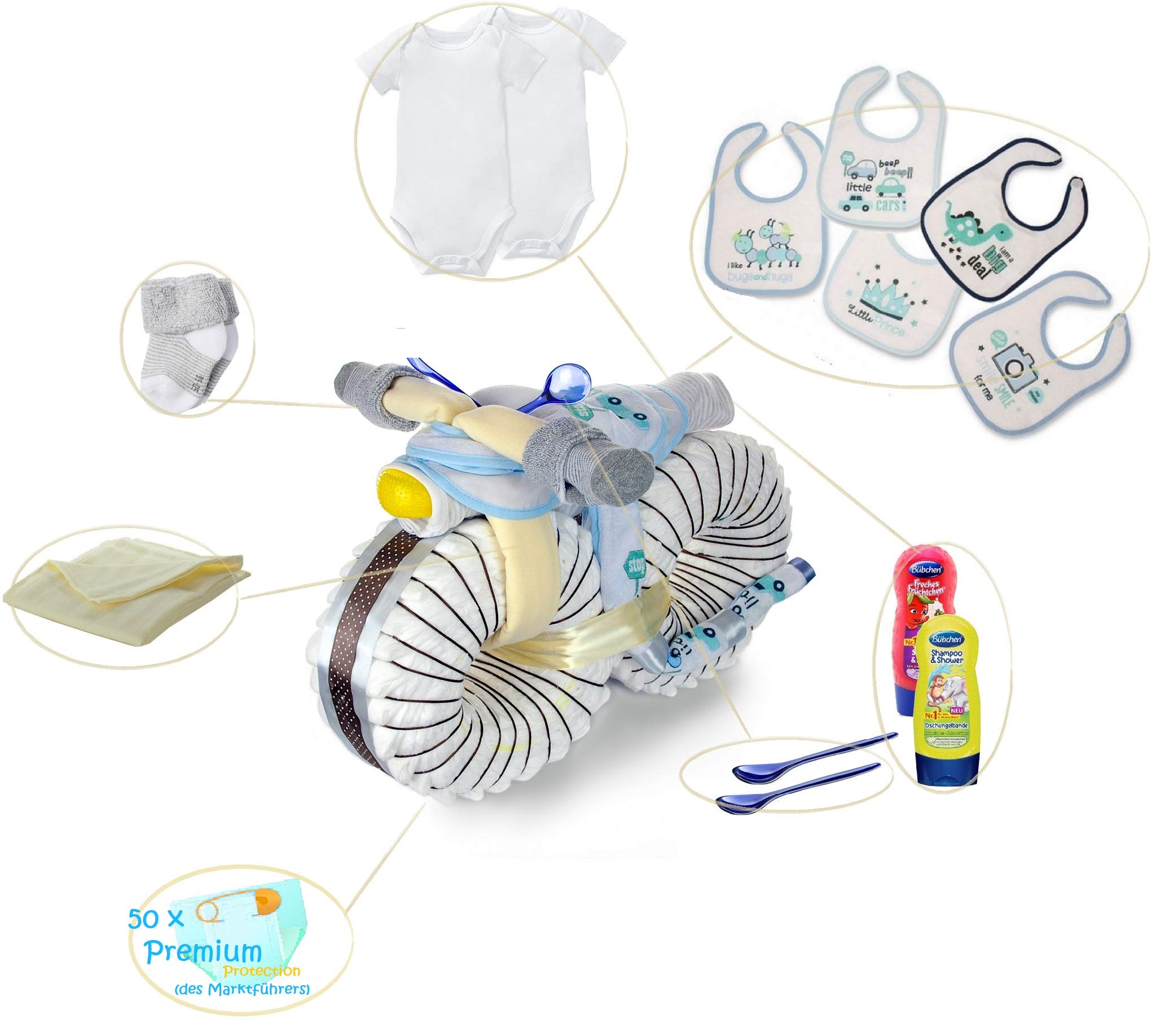 Gâteau de couches garçon XXL 67 pièces 50 cm cadeau de naissance