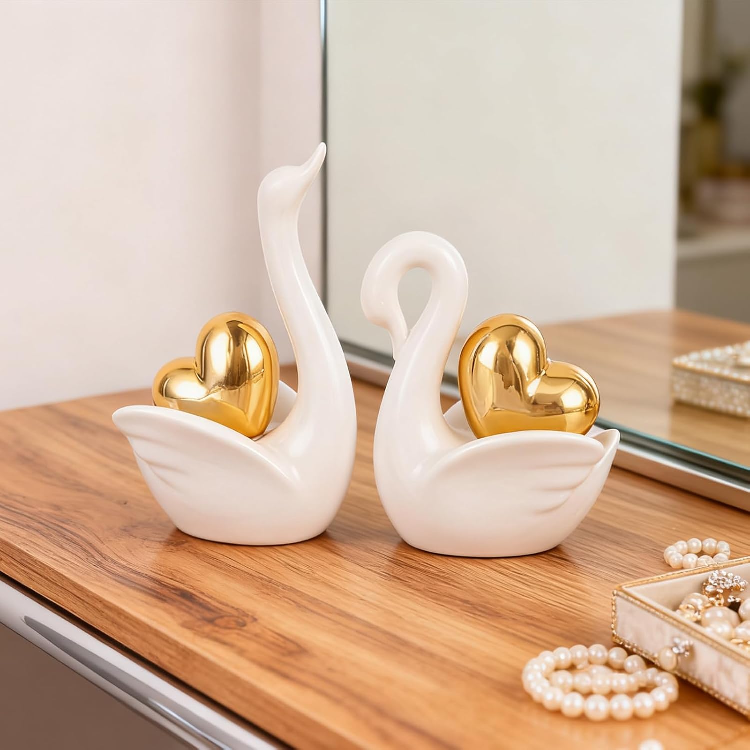 Ceramic Swan Couple Figurines – White Swan with Gold Heart Statue, Romantic for Couples Parents, Swan Decor Wedding Mini Statues, Bedroom Dresser Shelf Decor Knick Knacks - Image 6