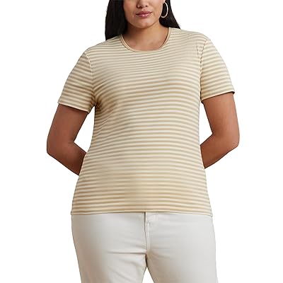 Lauren Ralph Lauren Plus Size Striped Stretch Cotton Crew Neck T Shirts Women