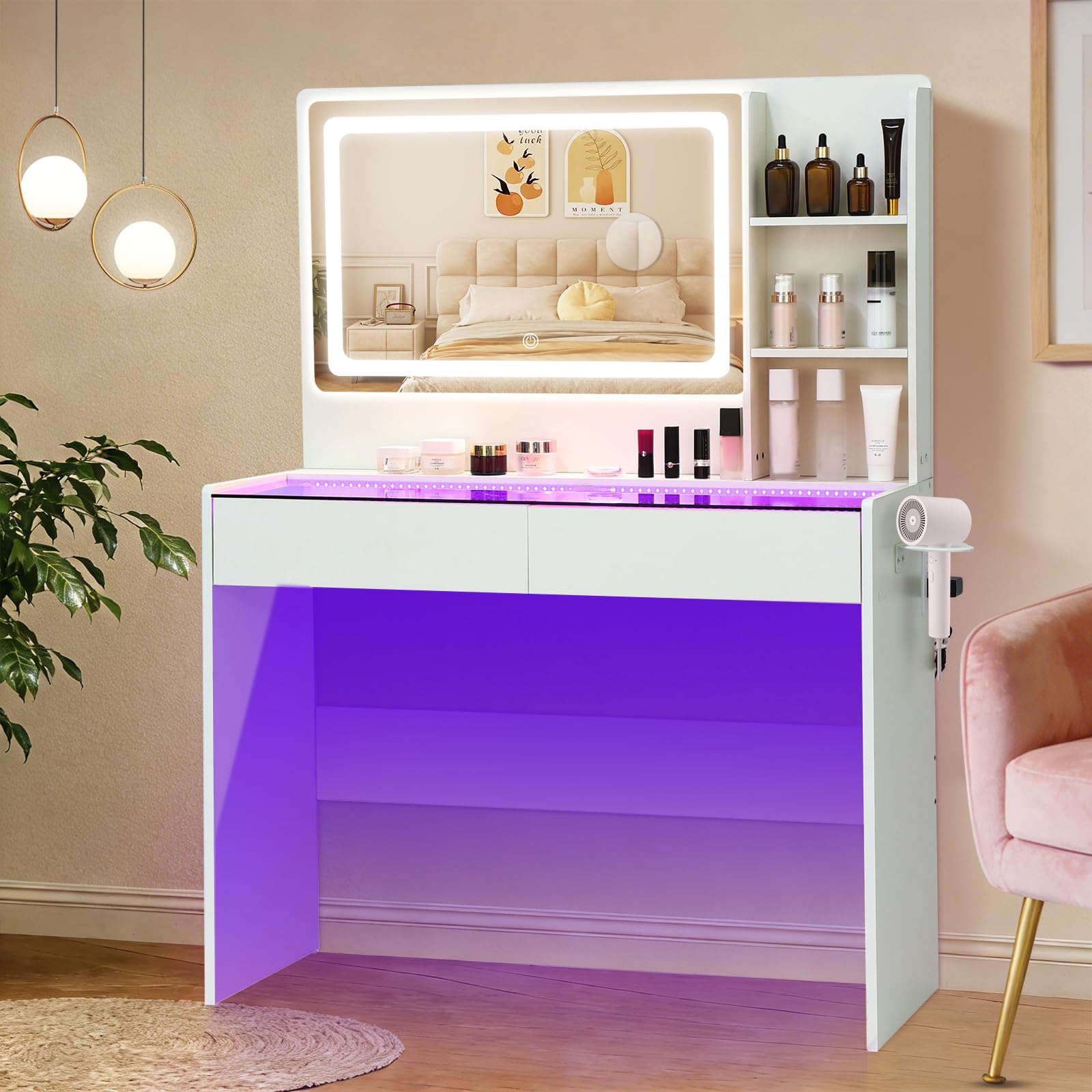 Photo 1 of ****It was not tested because the connector is different from those on the other air conditioners***Cielozen Vanity Desk,Makeup Vanity Desk with Mirror and Lights,Transparent Top with LED Multiple Color Lights,Mirror 3 Color Modes 2 Drawers,Power Outlet,D