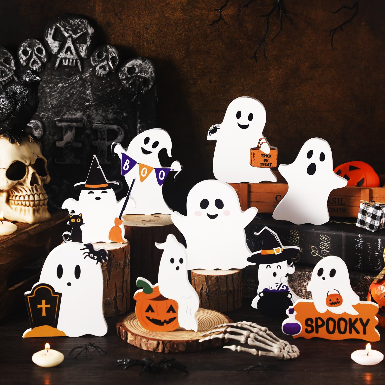 Amazon.com : Huwena 9 Pcs Halloween Decor Wooden Ghost Table Sign ...