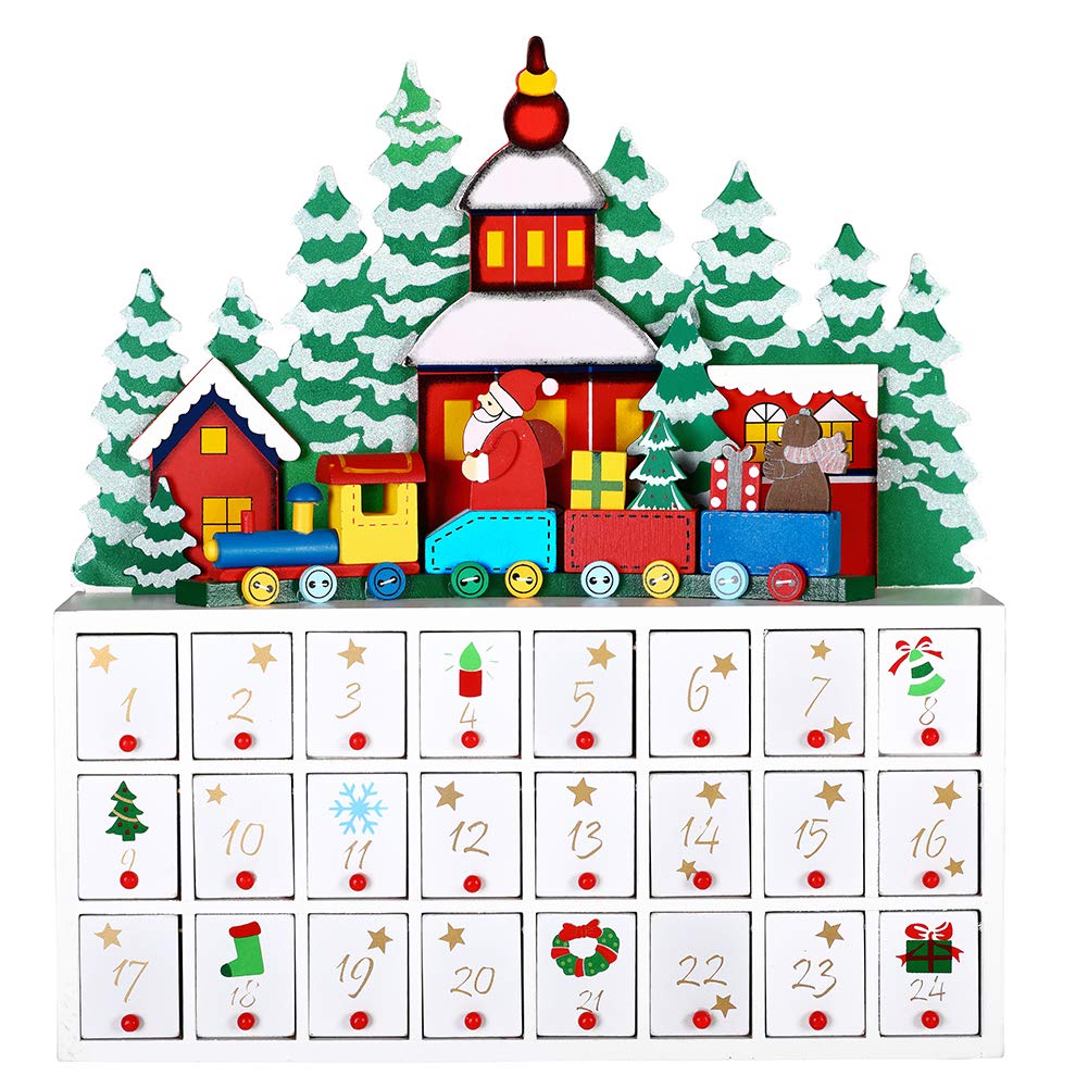 BAKAJI Calendario dell' Avvento di Natale in Legno con 24 Cassetti Numerati per Sorpresa Decorazioni Addobbi Natalizi Casa (Trenino Babbo Natale)