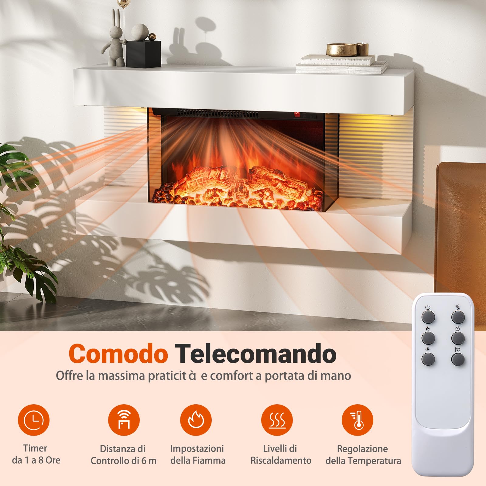 COSTWAY Camino Elettrico, 750W/1500W Caminetto con Luci LED, Telecomando, 12 Colori di Fiamma, Timer 8H Mensola Galleggiante e Protezione Surriscaldamento
