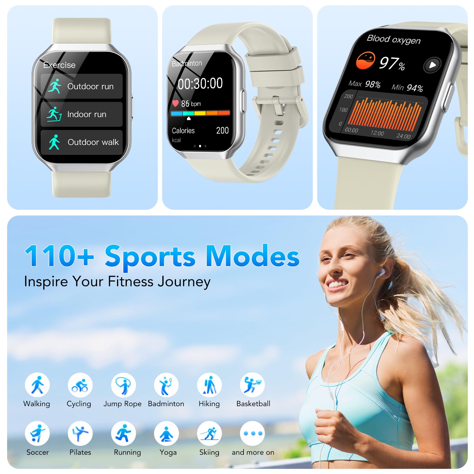 Smartwatch Uomo Donna, 1.96" Orologio Fitness con Effettua/Risposta Chiamate, 110+ Sportive Smart Watch, Contapassi/Cronometro/Cardiofrequenzimetro, Impermeabil IP68 Smart Watch per Android/iOS, Beige