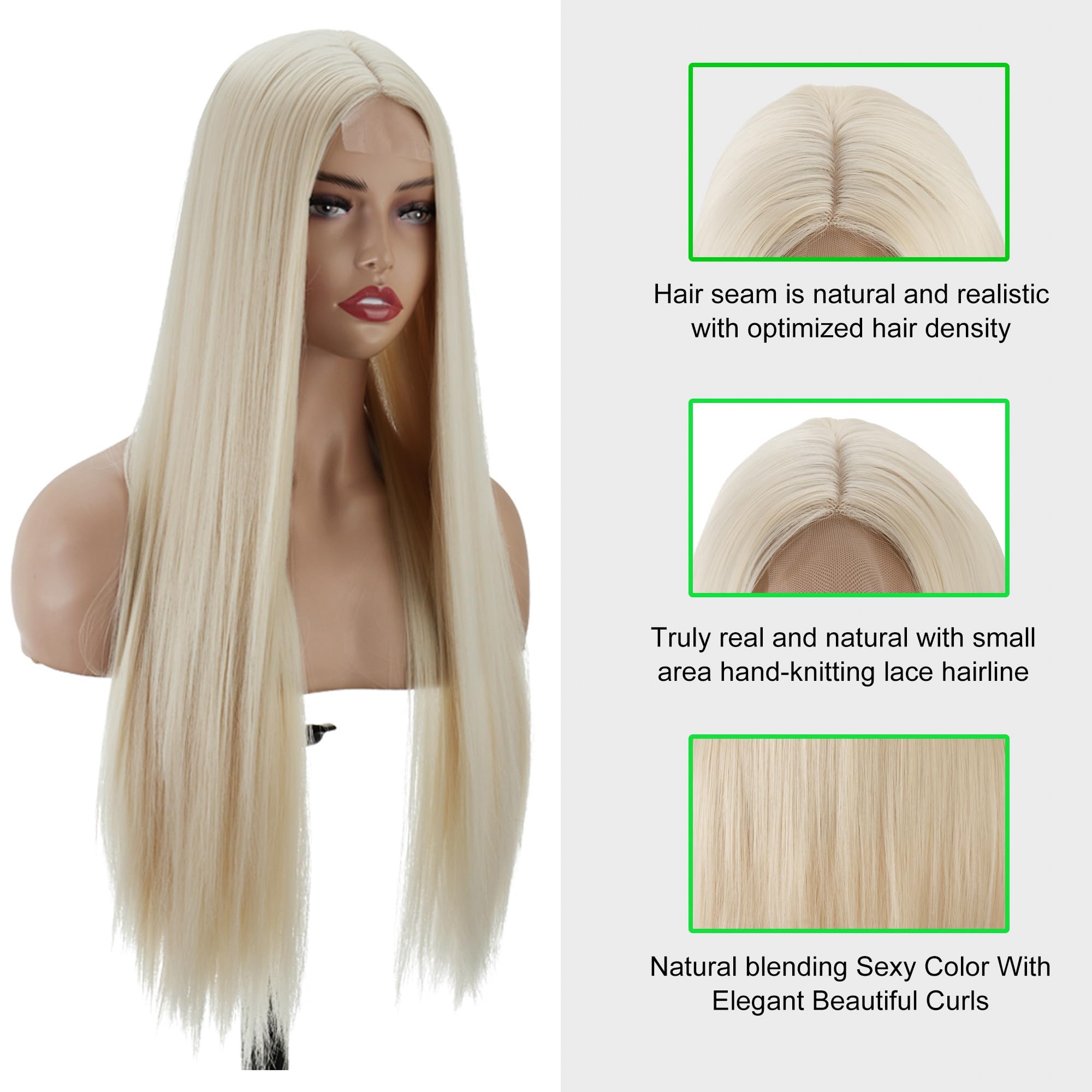 PORSMEER Long Platinum Blonde Natural Looking Glueless Middle Part Wig For Womens Ladies Straight Silky Synthetic Heat Resistant Hair Wig 28inch - Image 3