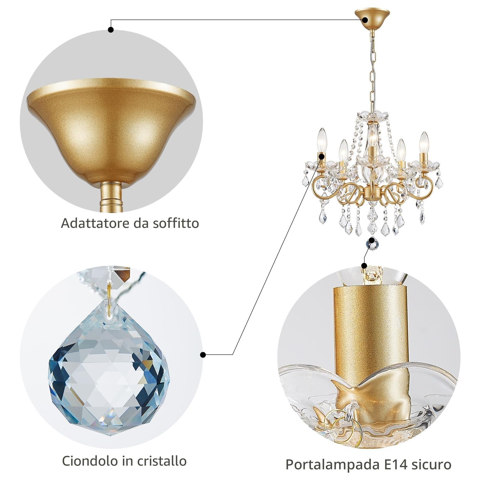 WUZUPS Chandelier Cristal Plafonnier Pendentif Flushmount Luminaire Moderne pour Chambre à Couloir Bar Cuisine Salle de Bain, H42 W43, Gold, Base E14