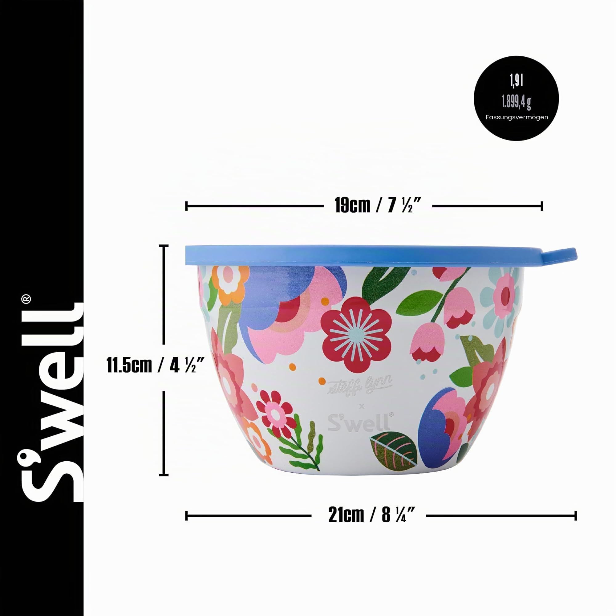 S'well x Steffi Lynn Salatschüssel-Set aus Edelstahl, 1,9 l, Kunstdesign, mit 60 ml Gewürzbehälter und abnehmbarer Schale zur Organisation, auslaufsicher, leicht zu reinigen, spülmaschinenfest