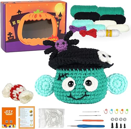 Winmany Kit de ganchillo para principiantes, Halloween, calabaza, animales, bolsa de caramelos, juego de ganchillo, regalo de bricolaje para