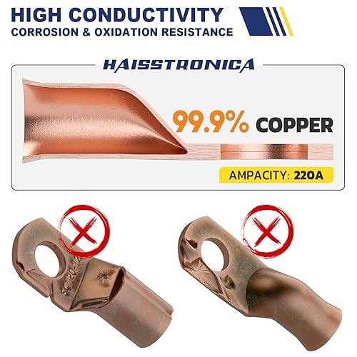 Miniatura 2 de haisstronica 10 piezas 1 AWG - 516" (M8) lengüetas de cobre estañado para batería, lengüetas de alambre de cobre resistentes con 10 piezas de tubo