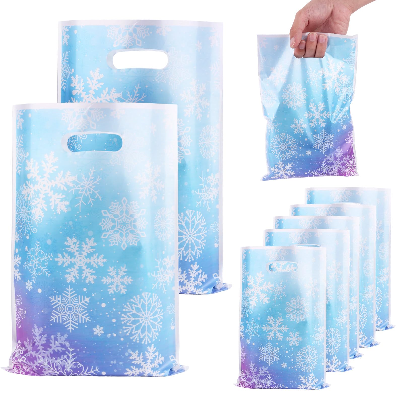 50pcs Winter Snowflake Party Gift Bags, Purple Blue White Holiday Candy Gift Bags with Handles for Christmas Wonderland Birthday Party Decorations