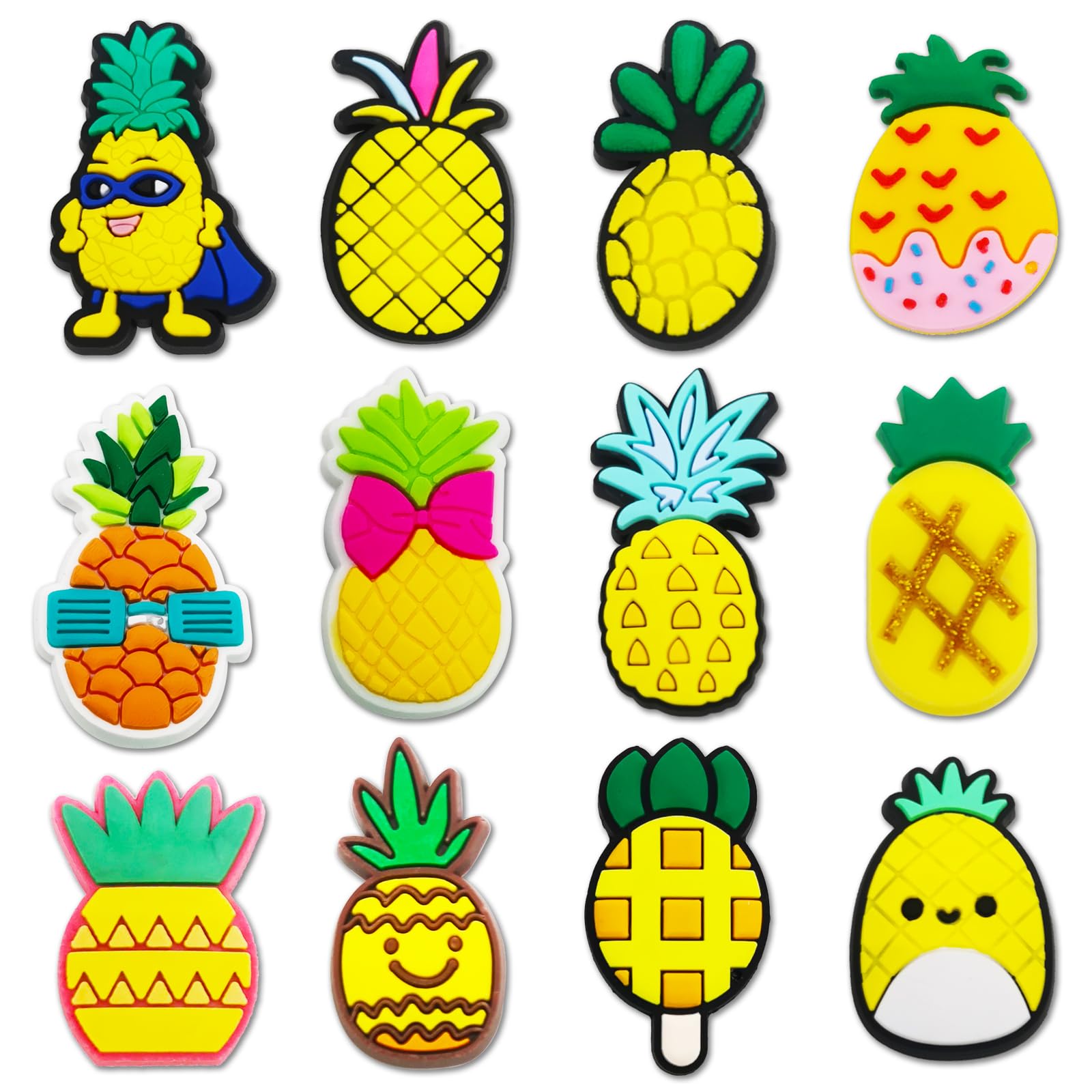 12PCS Pineapple Shoe Charms for Croc Bubble Slides Clogs Sandals, Cute Fruits Shoe Accessories Decorations for Kids Girls Boys Teens, Polyvinyl Chloride, No Gemstone