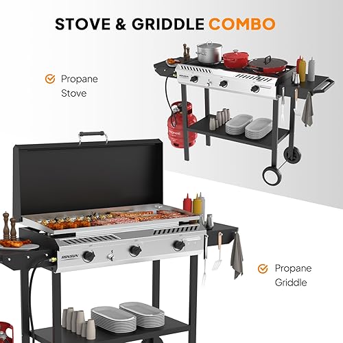 Miniatura 2 de ROVSUN Estufa de gas propano para exteriores de 3 quemadores con plancha, encendido y estantes laterales, potente estufa de gas de 225,000 BTU,