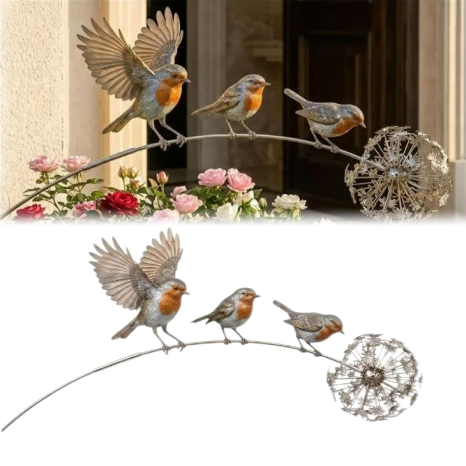 CAIFUGUIHE Metal Robin Garden Stake with 3 Birds and Dandelion
