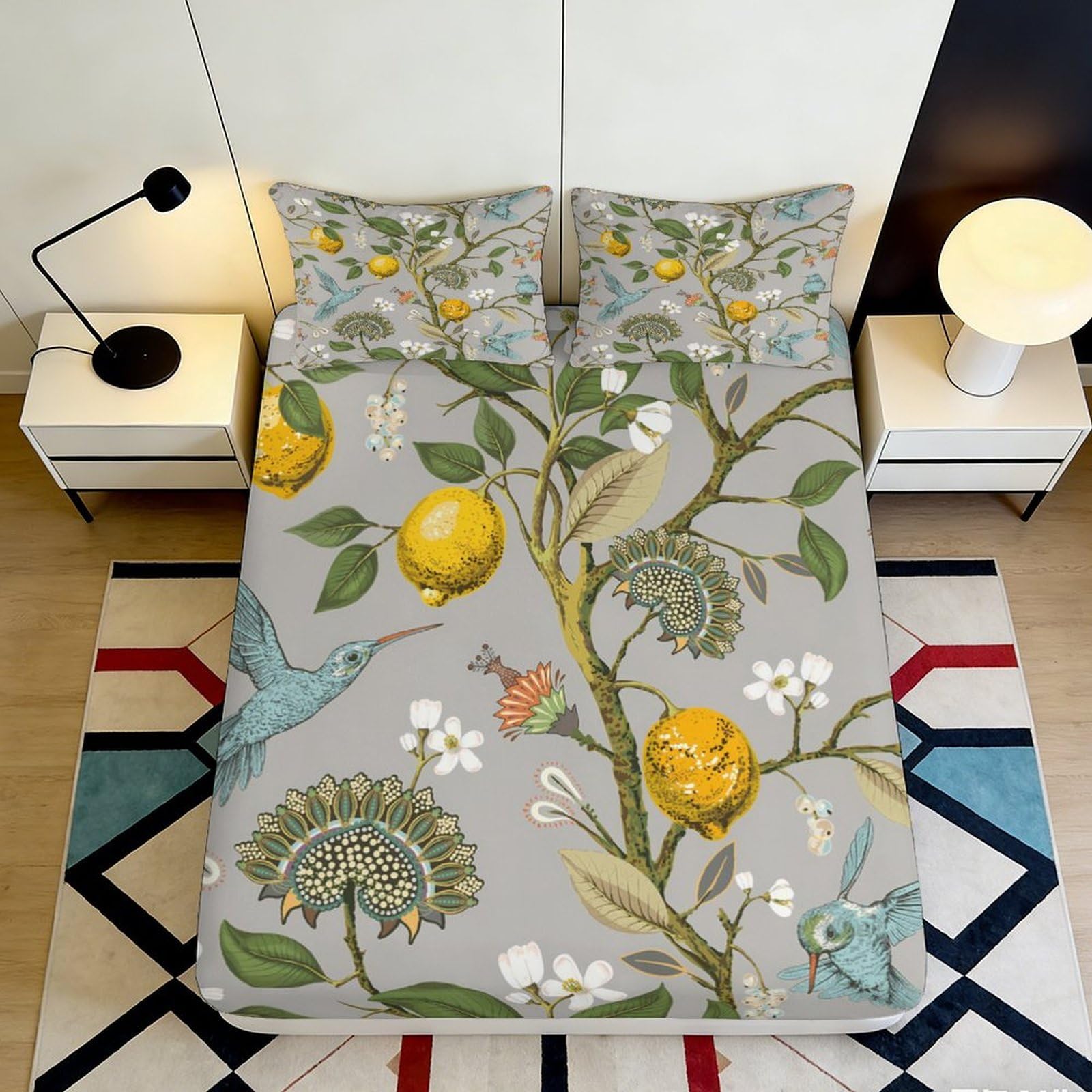 3D Printed Lemon Botanical Fitted Sheet Microfiber Soft Breathable Bird Blossom Mattress Cover for Bedroom Dorm Decor 200x200x25cm