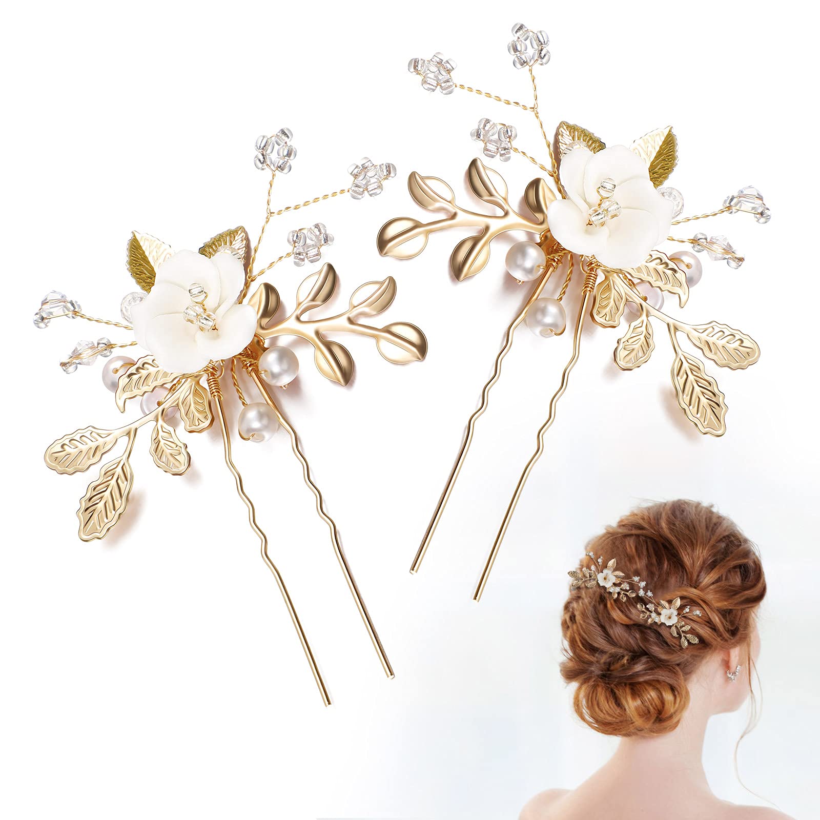 4 Pieces Bridal Flower Hair Pins Pearl Hair Accessories Ceramic Girl Hair Pieces Floral Hair Clip with Gold Leaf for Brides Bridesmaids Women Girls Wedding Party