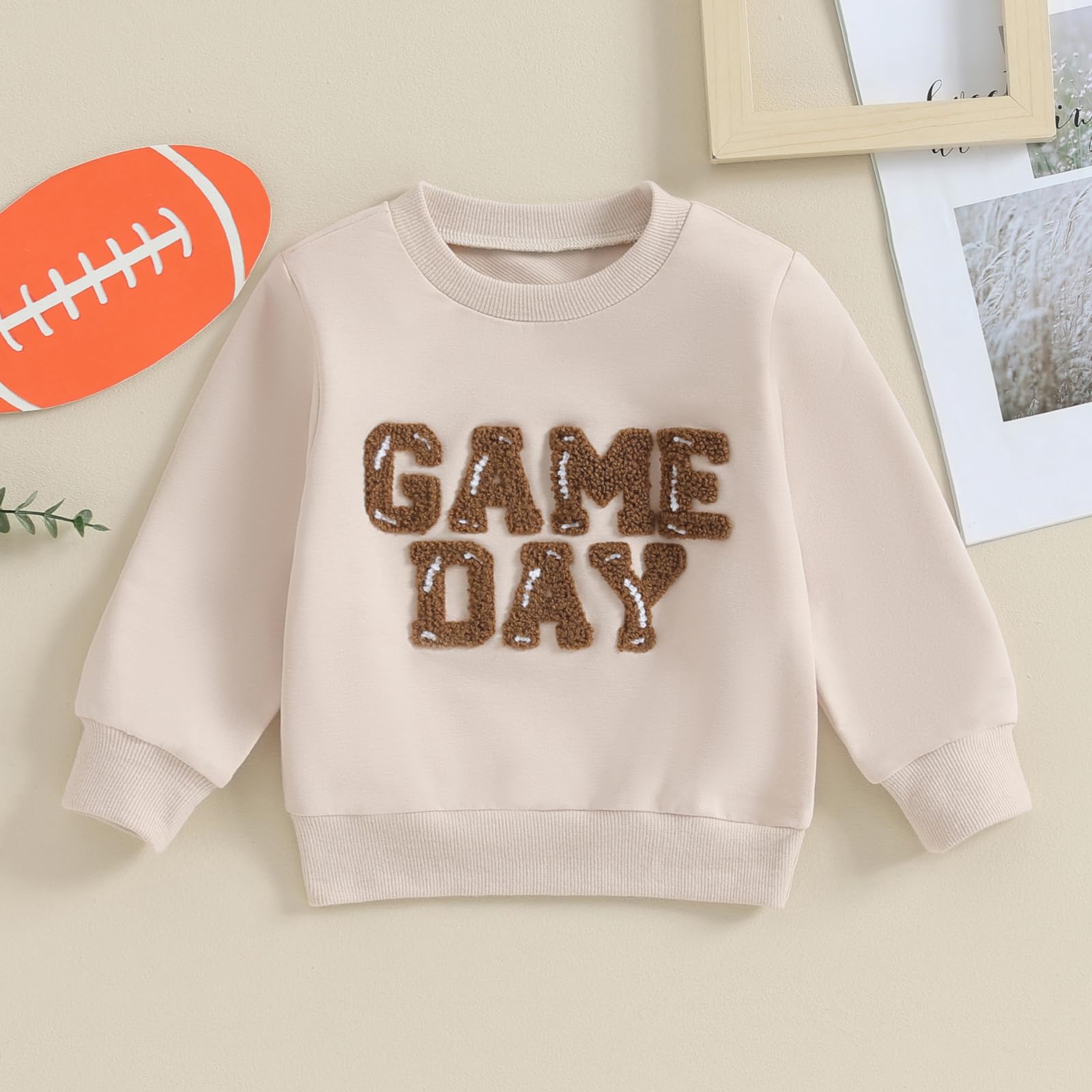 Dcohmch Baby Girl Boy Football Outfit Game Day Embroidery Sweatshirt Shirt Pullovers Toddler Fall Spring Clothes (Beige Game Day, 18-24 Months)