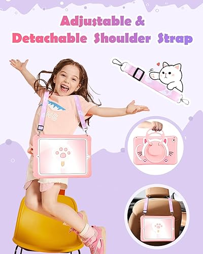 Miniatura 3 de Funda para iPad 6 generación, iPad Air 2Pro de 9.7 pulgadas, diseño de gato kawaii, diseño femenino de dibujos animados con mango giratorio y correa