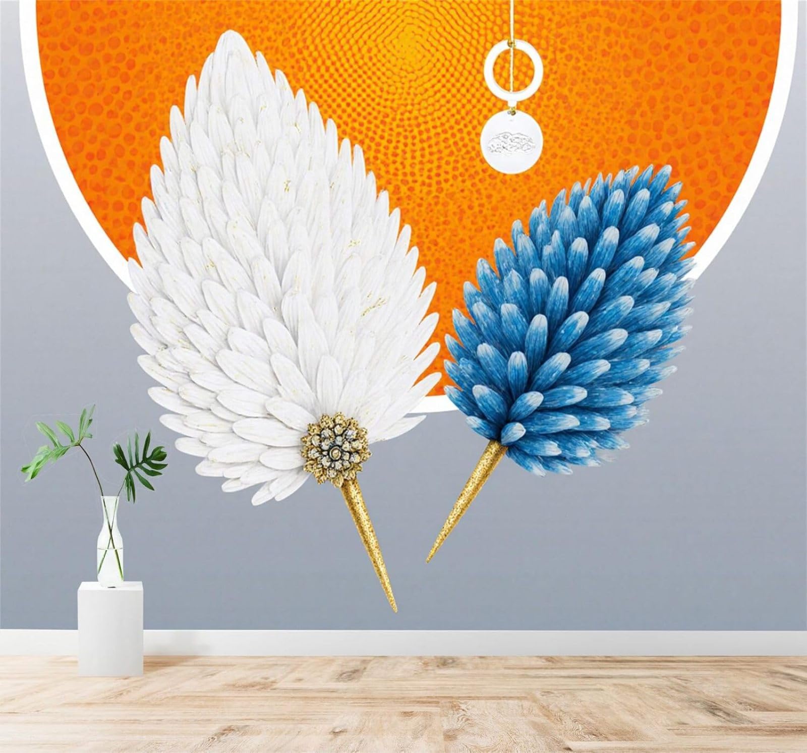 XLMING White Blue Feathers Art Abstract Gold Orange 3D Wallpaper Silky Texture Home Study Office Grey Dining Room Sofa Bedroom Living Room TV Backdrop-300cm×210cm