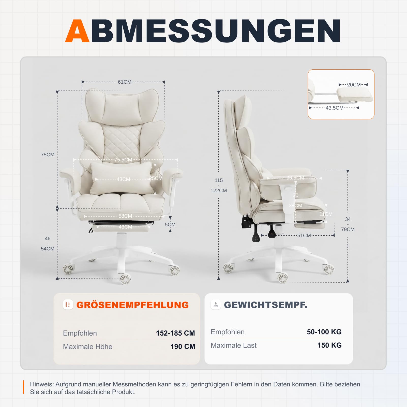 Dowinx Gaming Stuhl, Bürostuhl Ergonomisch mit Taschenfeder-Kissen, Chefsessel mit Doppellagige weiche Rückenlehne und verstellbare Lendenkissen, Armlehnen und Fußstütze, PU-Weiß