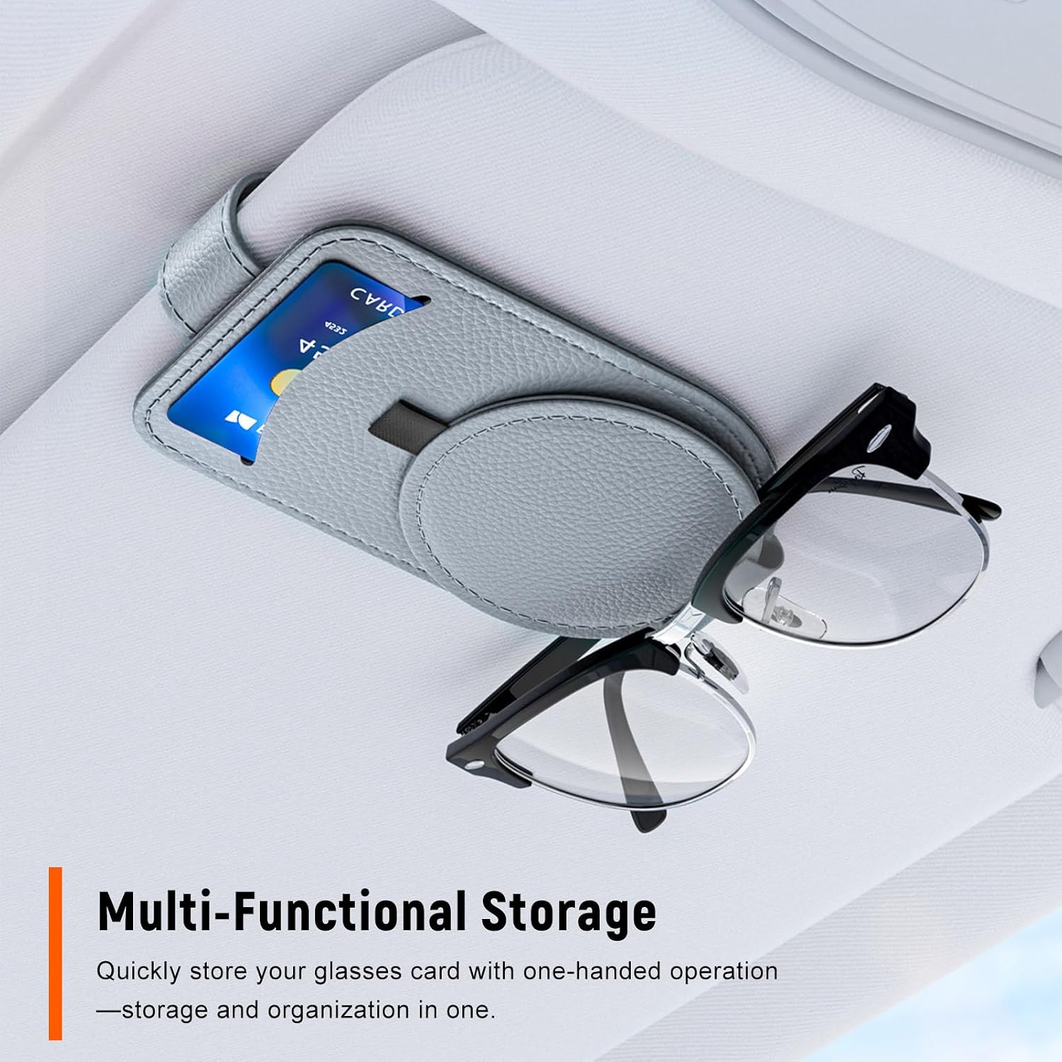 2 PCS Sunglass Holder for Car Visor, Auto Sun Visor Eyeglasses Organizer with Card Ticket Clip, Magnetic Leather Sunglasses Clip Universal for Most Vehicle Visors, Car Accessories (Gray) image 4