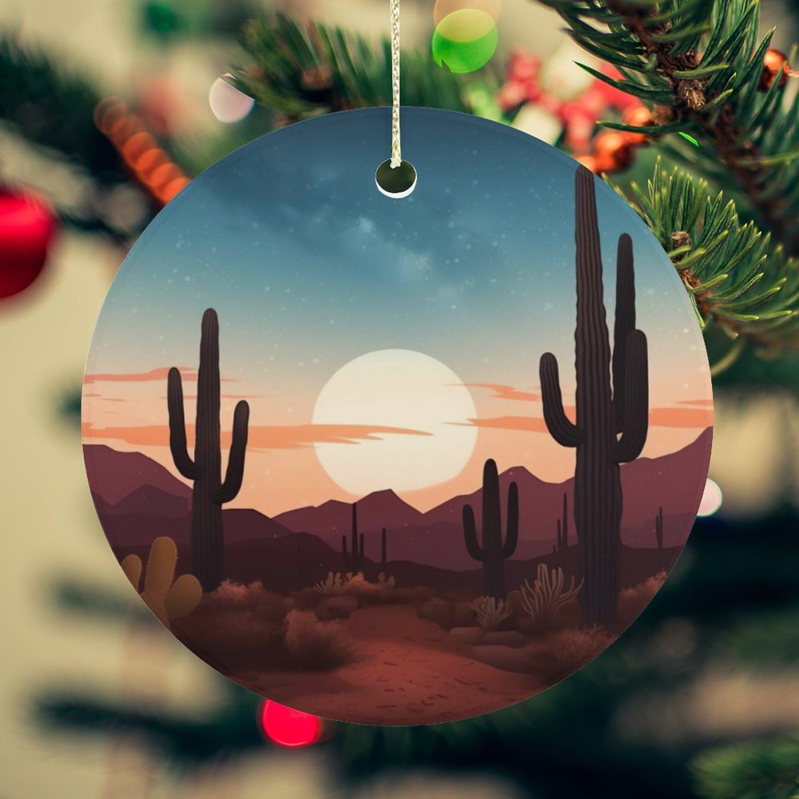 Desert with Cactus Christmas Ornament for Christmas Tree Ceramic Round Ornament Winter Holiday Keepsake Gift 2.7" Christmas Tree Hanging Decorations Circle Ceramic Pendant Xmas Gift